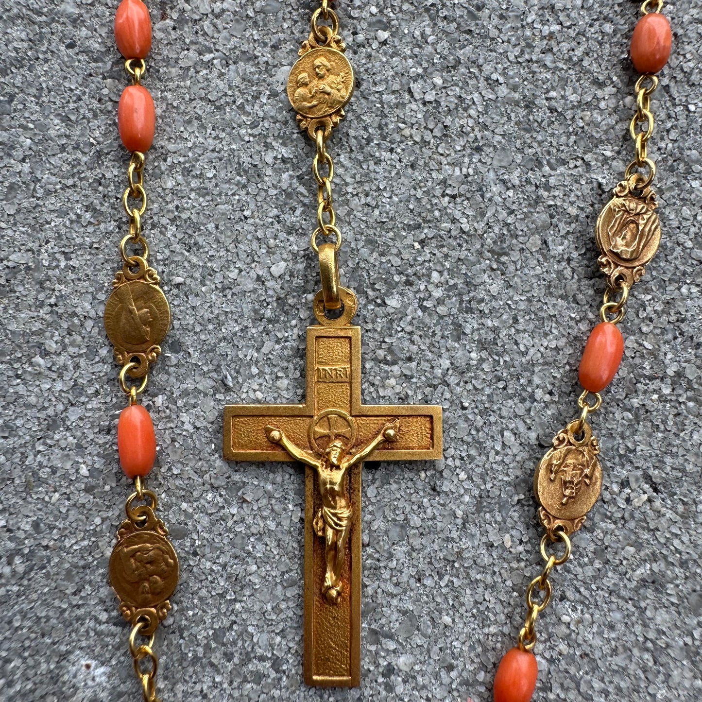 Antique French Hallmarked 18k Yellow Gold Angel Skin Coral Rosary Necklace (23”)