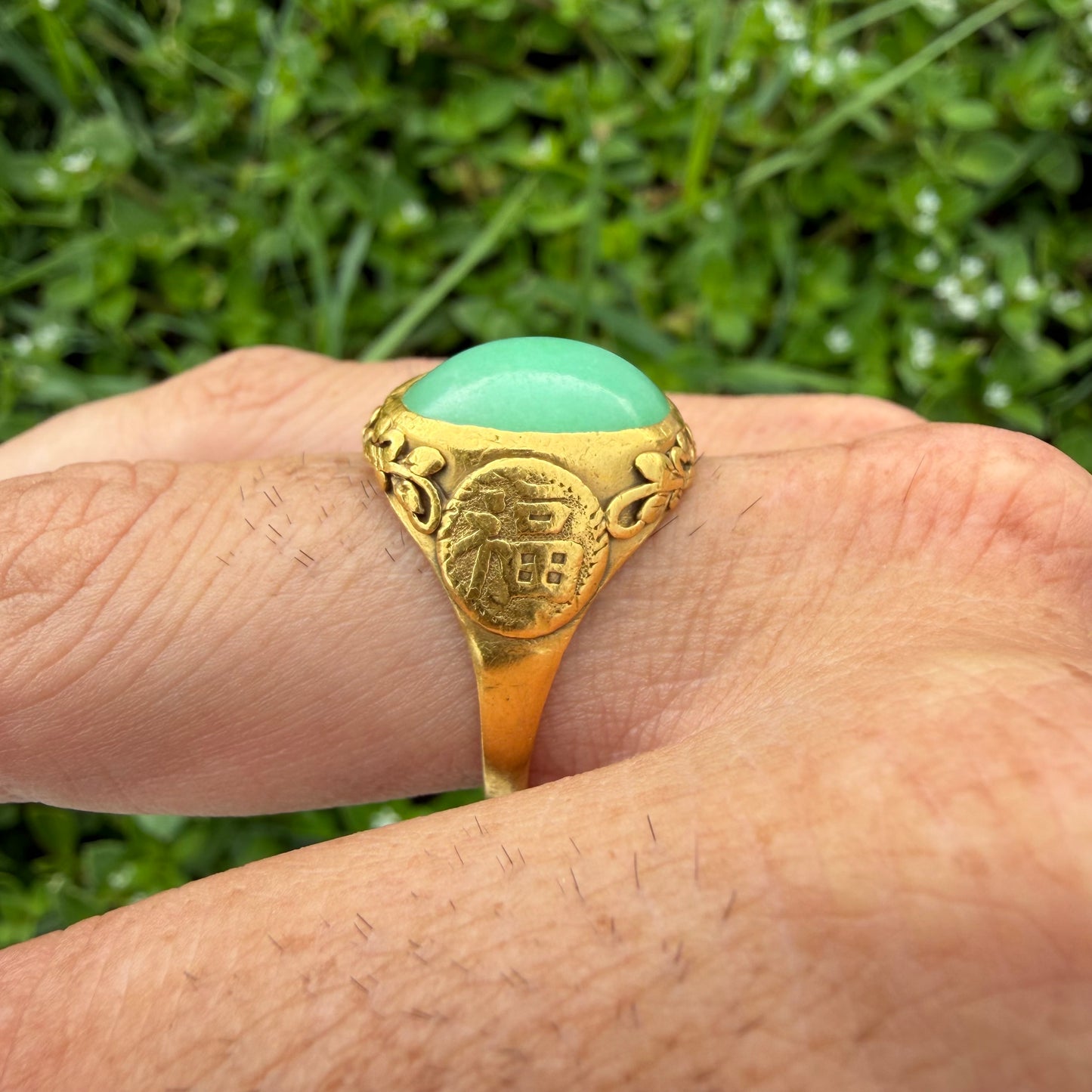 Antique Chinese Traditional 24k Yellow Gold 5.0ct Green Apple Jadeite Fu Ring (10.25)