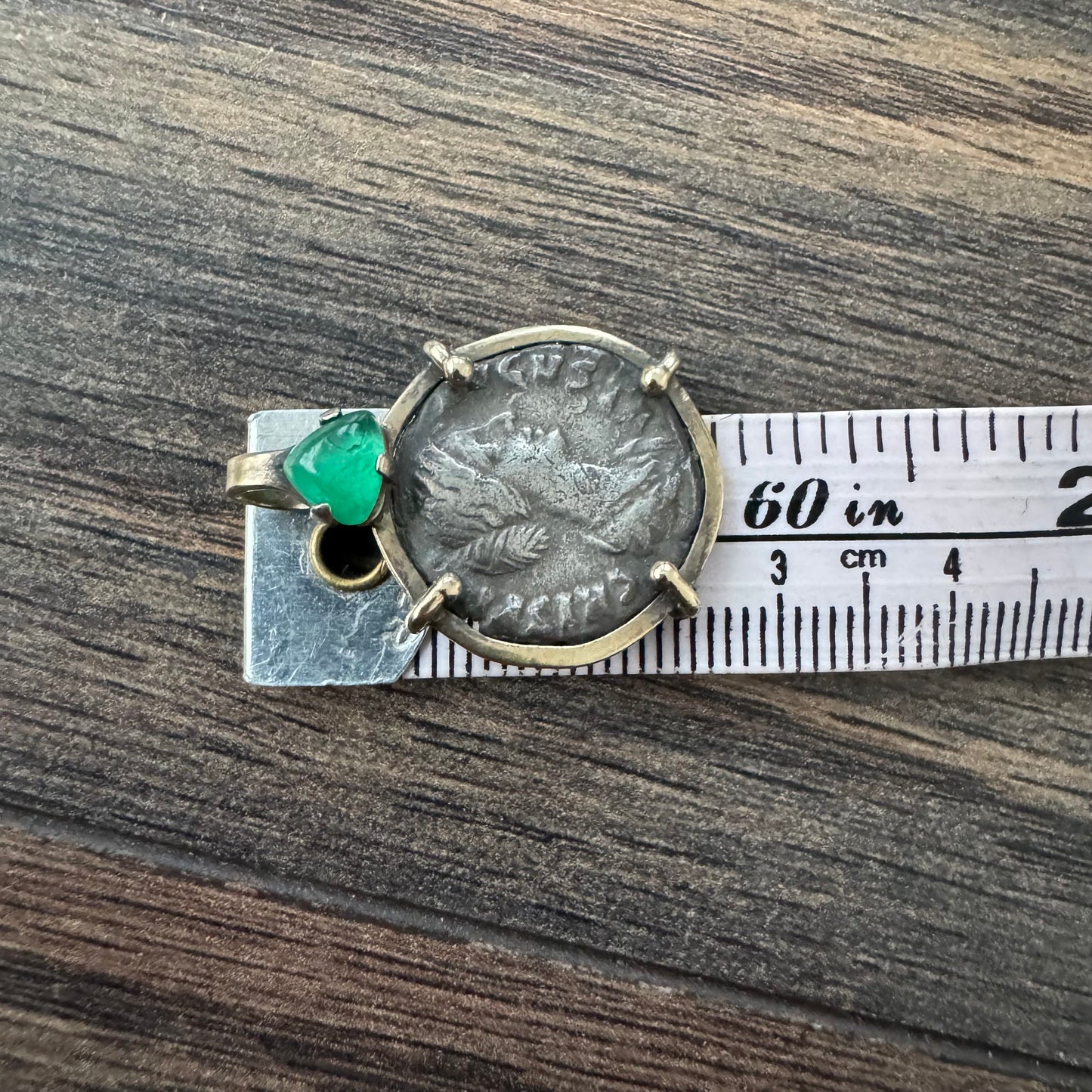 178 A.D Crispina Roman Empress Silver Denarius Solid 14k Yellow Gold Raw Emerald Pendant