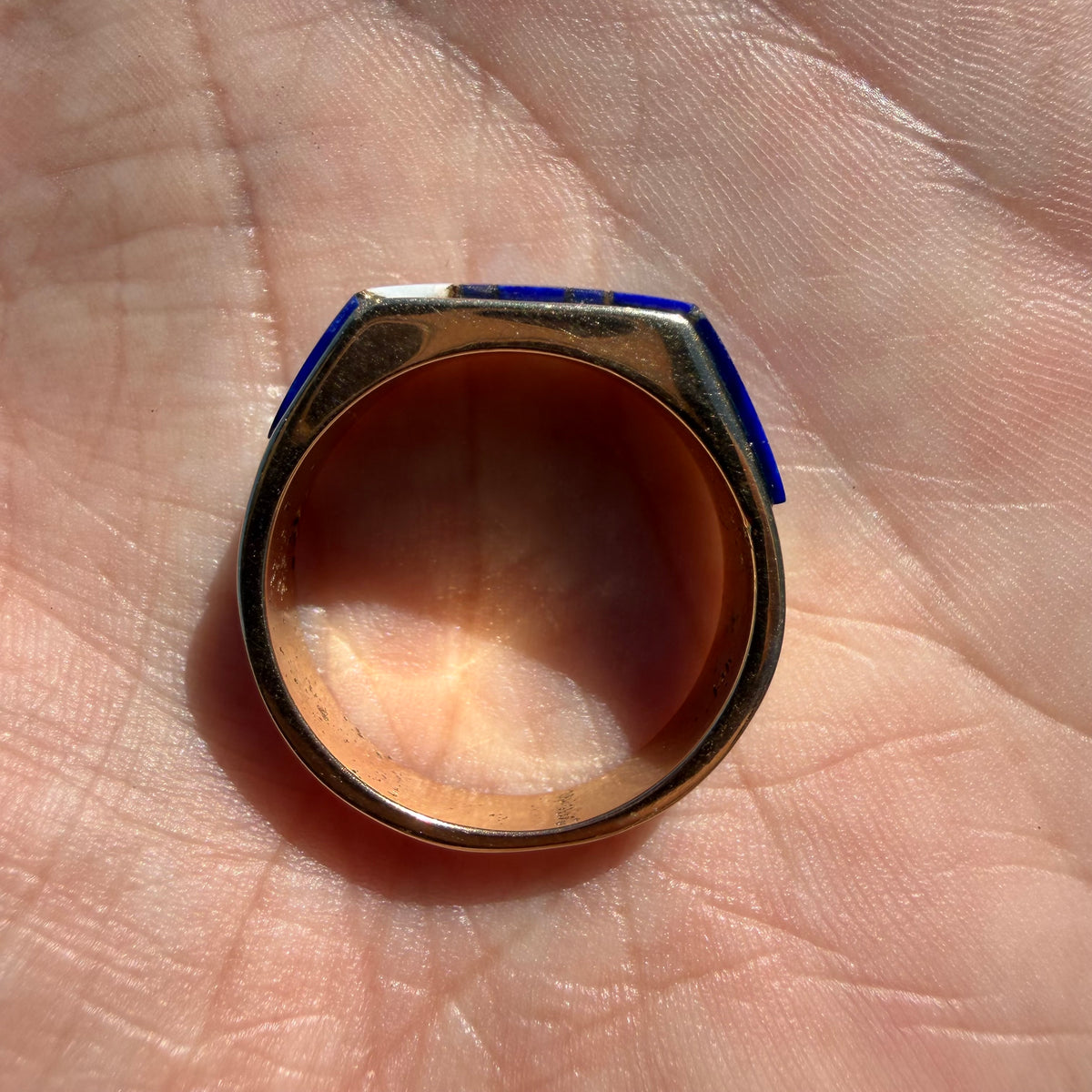 Vintage Solid 14k Yellow Gold Native Southwestern Artist Signed “Gay” Opal And Lapis Inlaid Signet Ring (10.5)
