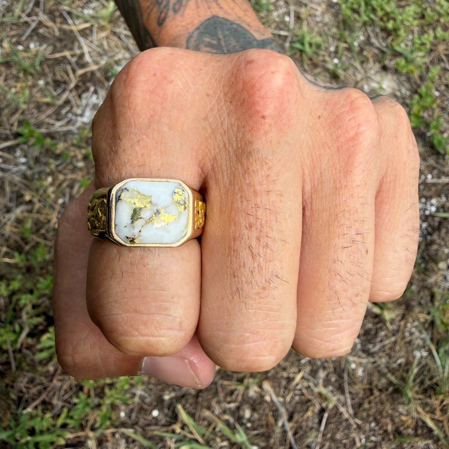 Vintage Solid 14k Yellow Gold Raw 22k Nugget Gold Bearing Quartz Signet Ring (10)