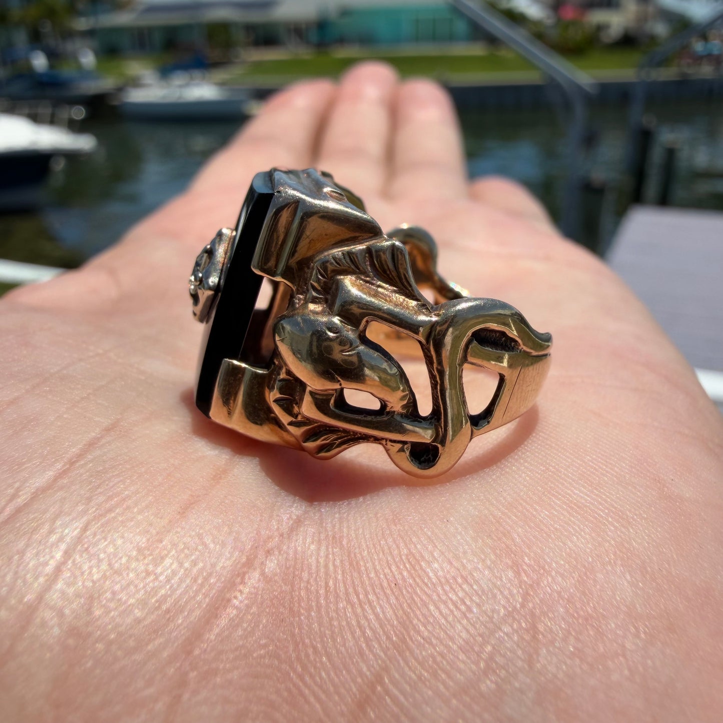 1940’s Solid 10k Yellow Gold Black Onyx Natural Diamond Solitaire Double Snake Signet Ring (9)