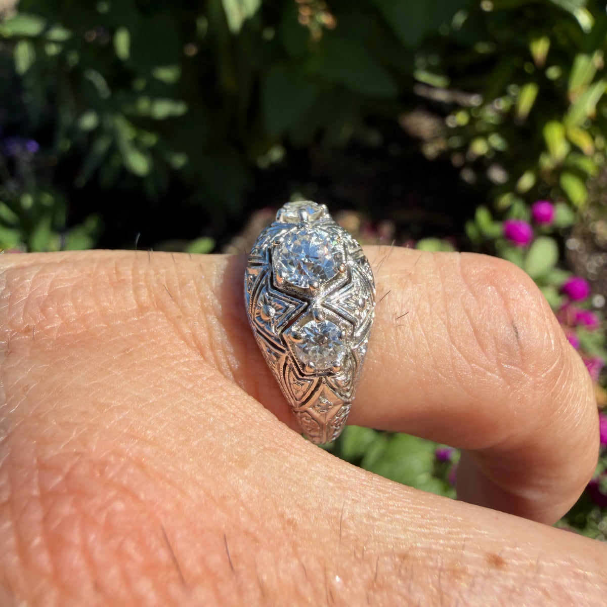 Art Deco Solid Platinum 1.0ctw Natural Old Euro Cut Diamond Trilogy Dome Ring (6.5)
