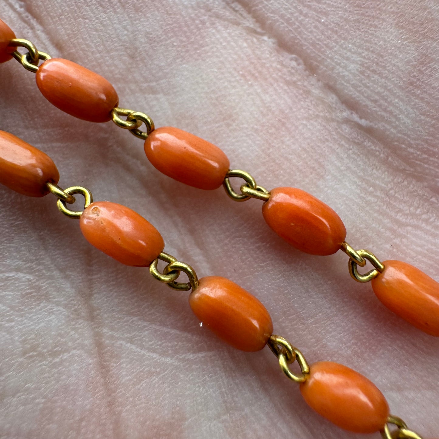 Antique French Hallmarked 18k Yellow Gold Angel Skin Coral Rosary Necklace (23”)