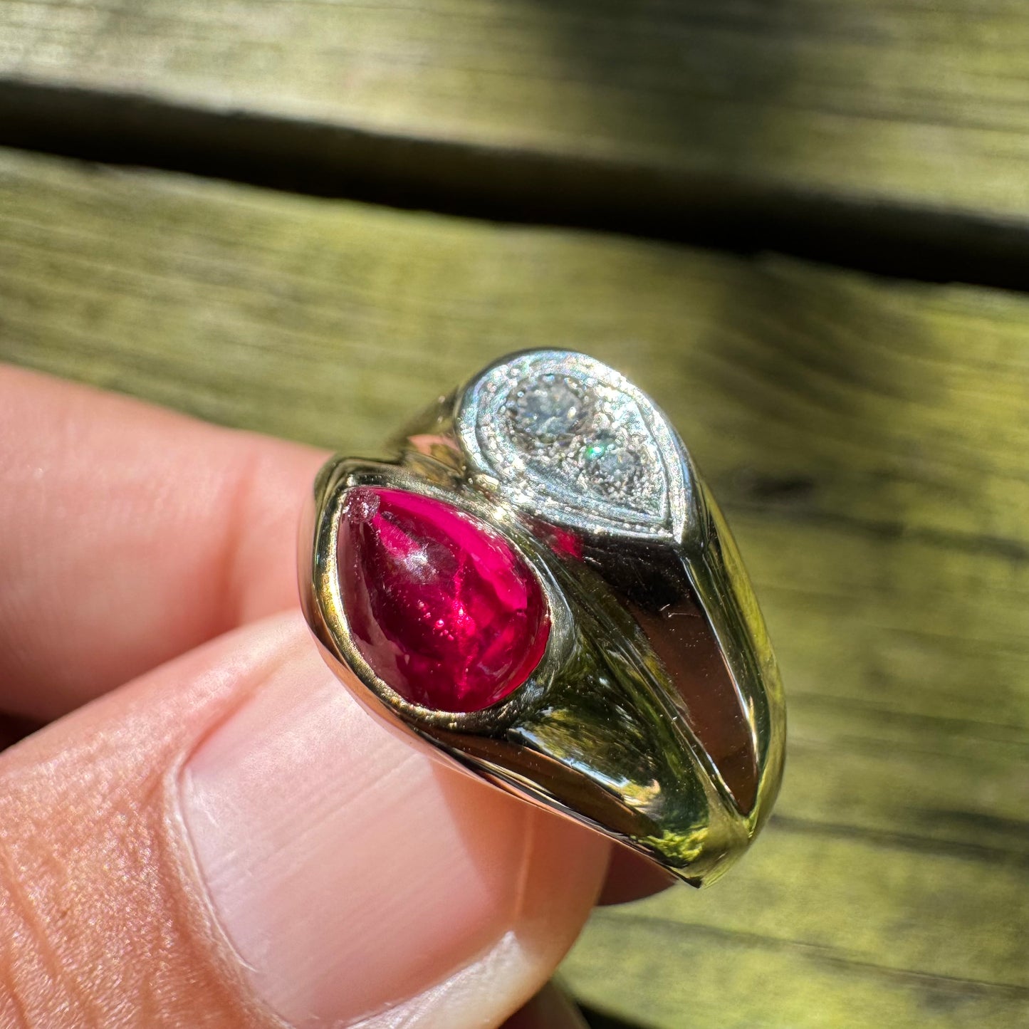Vintage 14k Yellow Gold Tony Soprano Natural Diamond & Rhodolite Garnet Pinky Ring