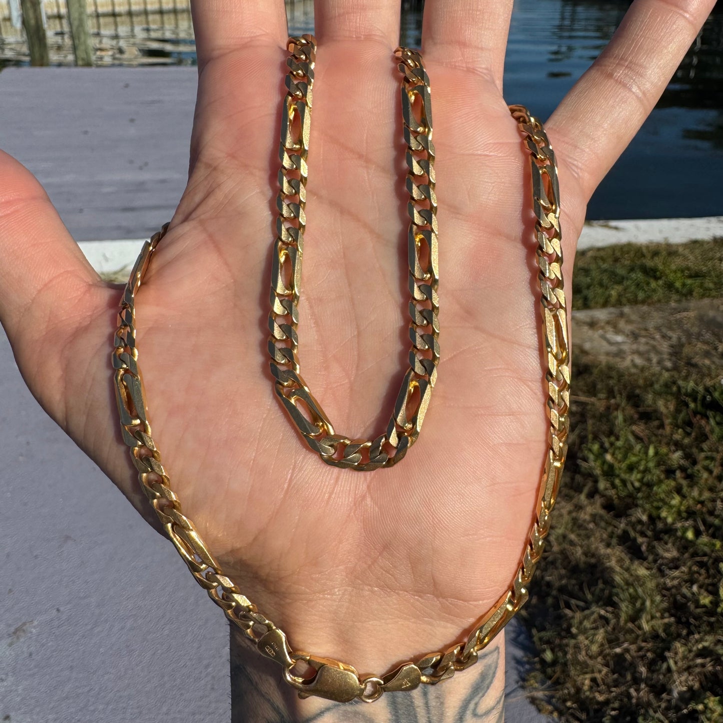 Vintage Solid 14k Yellow Italian Gold Tigers Eye Figaro Link Necklace (22.25”)