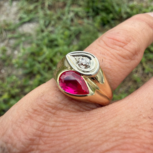 Vintage Solid 14k Yellow Gold Natural Old Euro Cut Diamond Pink Spinel Tony Soprano Pinky Ring (10)