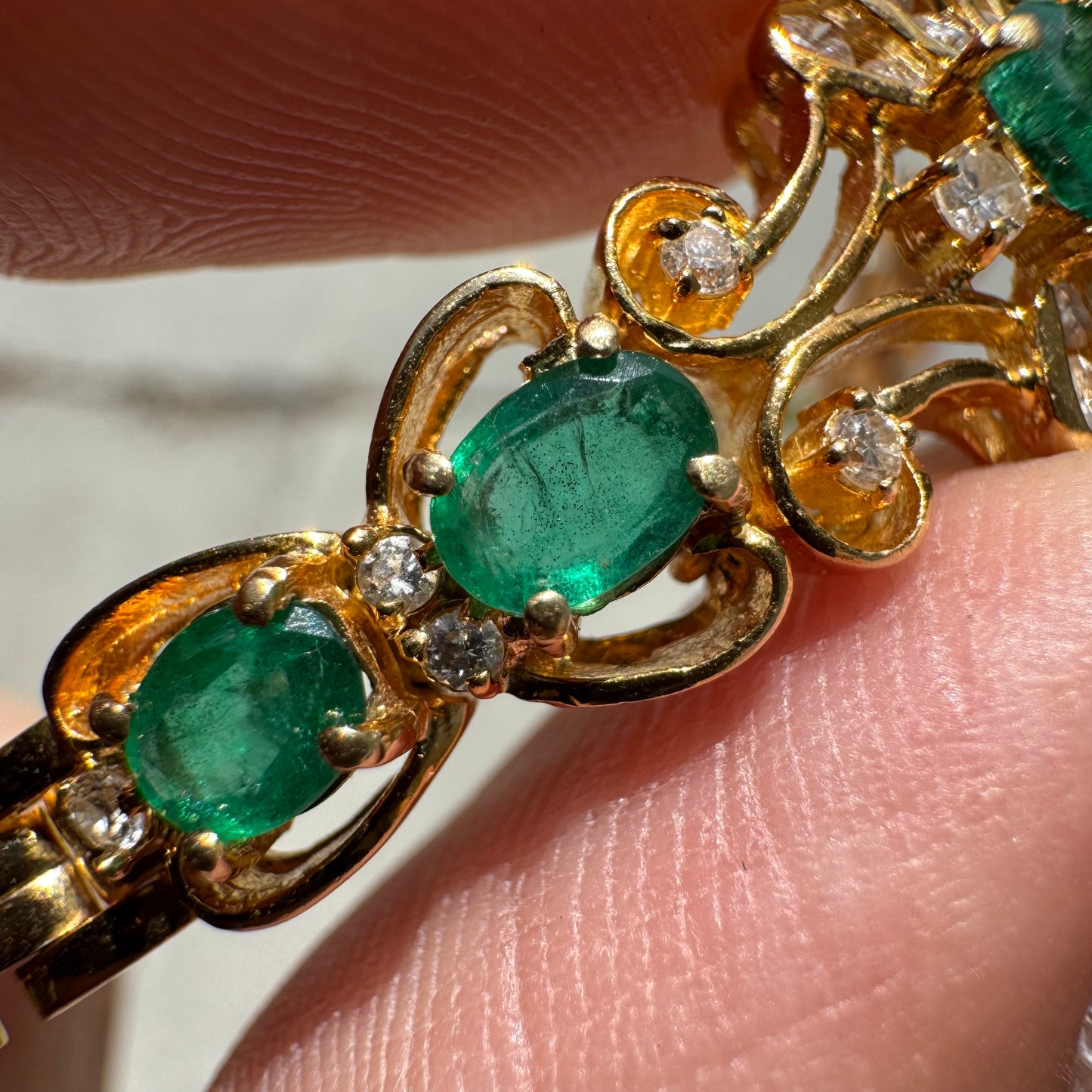 Vintage 18k Yellow Gold 3.25ctw Natural Columbian Emerald And Diamond Panther Link Bracelet (7.25”)