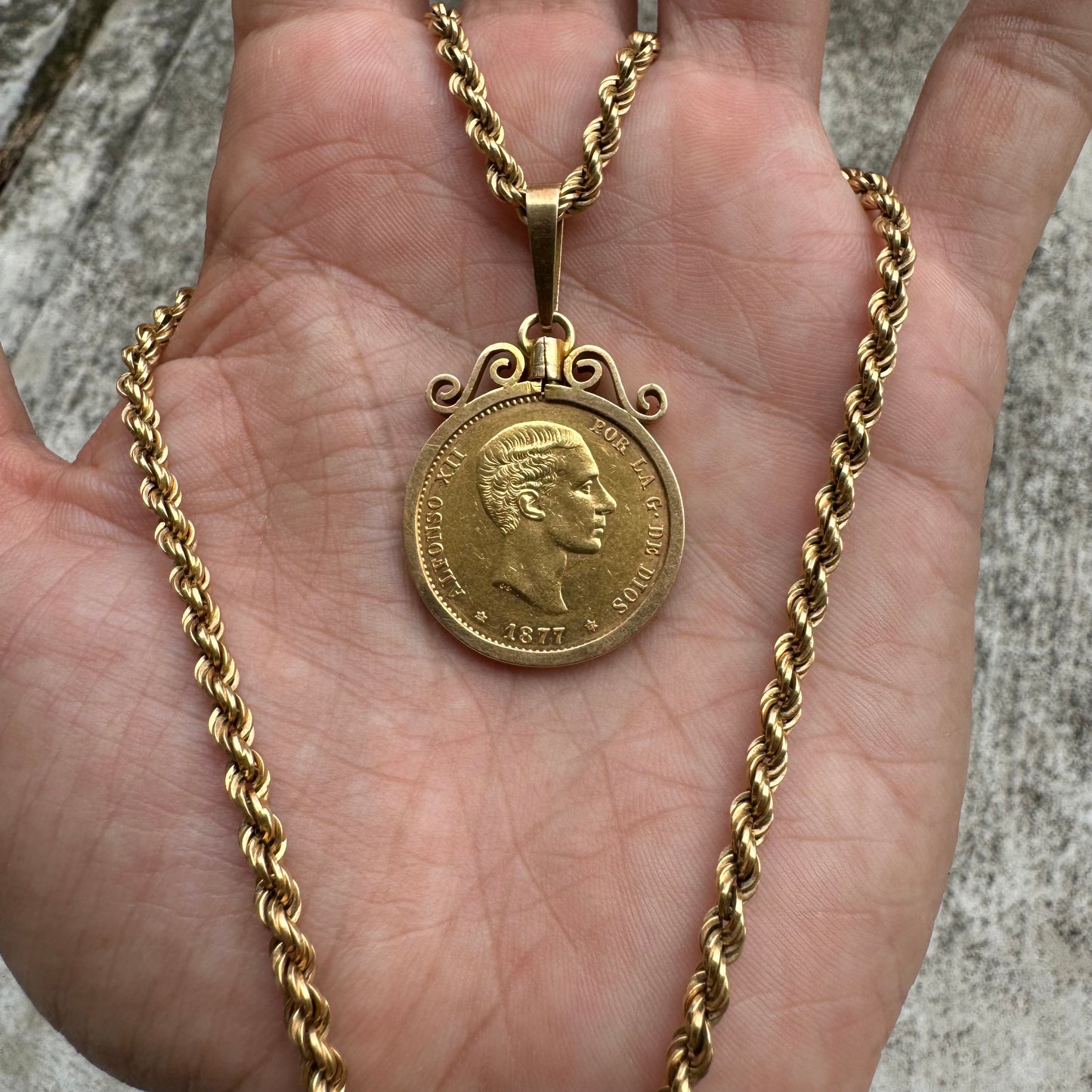 1877 $25 Pesetas Spanish Gold Coin (22k) In Original 18k Handmade Bezel Pendant