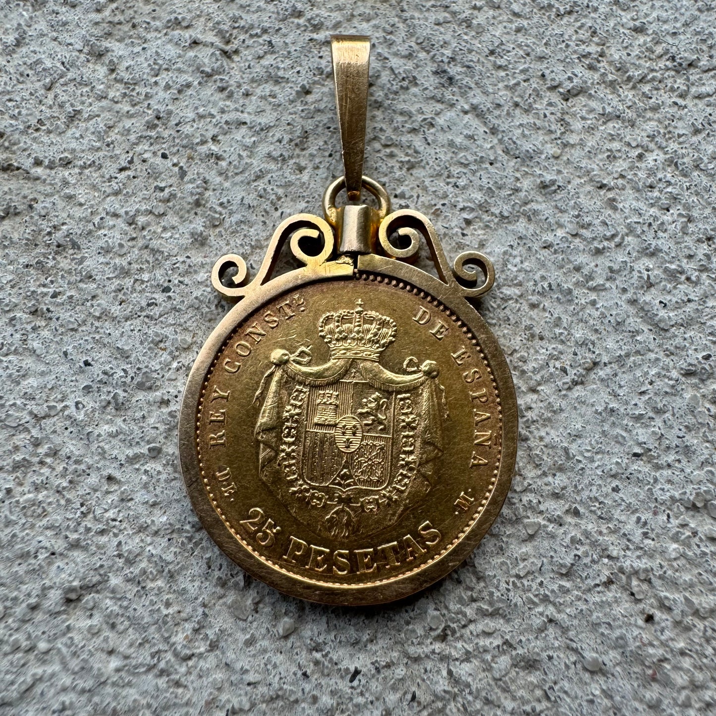 1877 $25 Pesetas Spanish Gold Coin (22k) In Original 18k Handmade Bezel Pendant