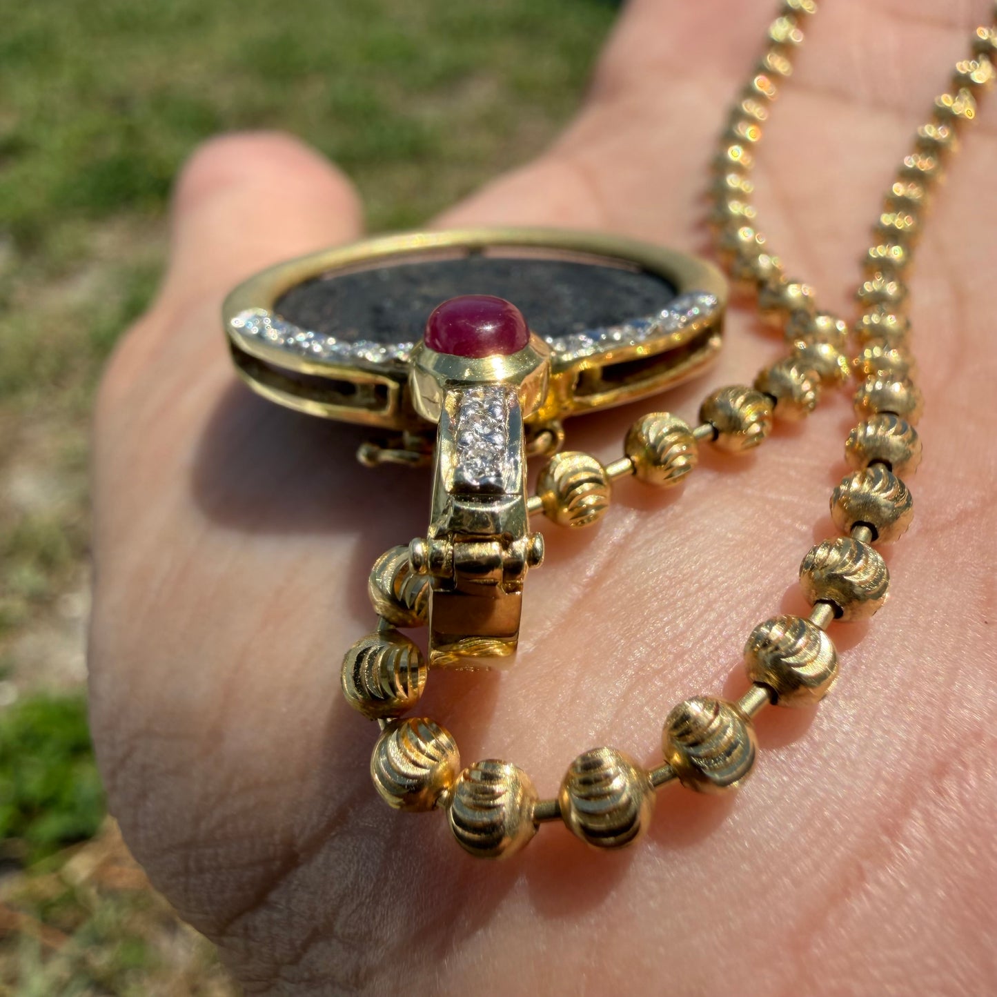 Vintage 14k Yellow Gold Natural Diamond and Ruby Ancient 275-276A.D Tacitus Roman Coin Pendant