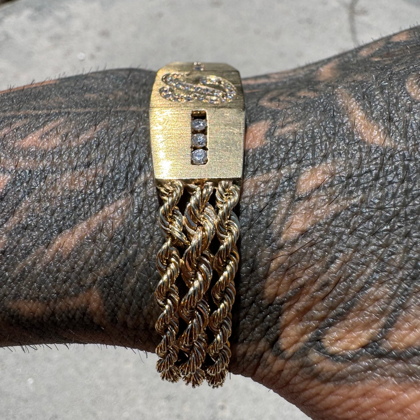 Vintage Custom Solid 14k Yellow Gold 1.0ctw Natural Diamond “B” Nameplate Triple Rope Bracelet (8”)