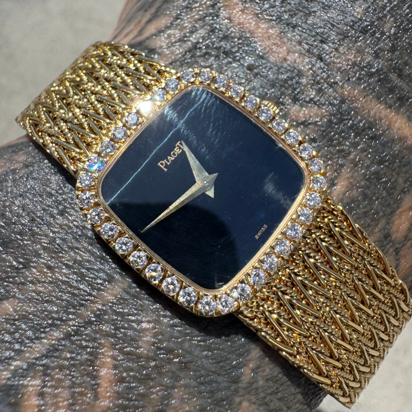 Late 1970’s/Early 1980’s Piaget Solid 18k Yellow Gold Factory Diamond Bezel Falcons Eye Stone Dial 9908 D11 Watch (7.5”)
