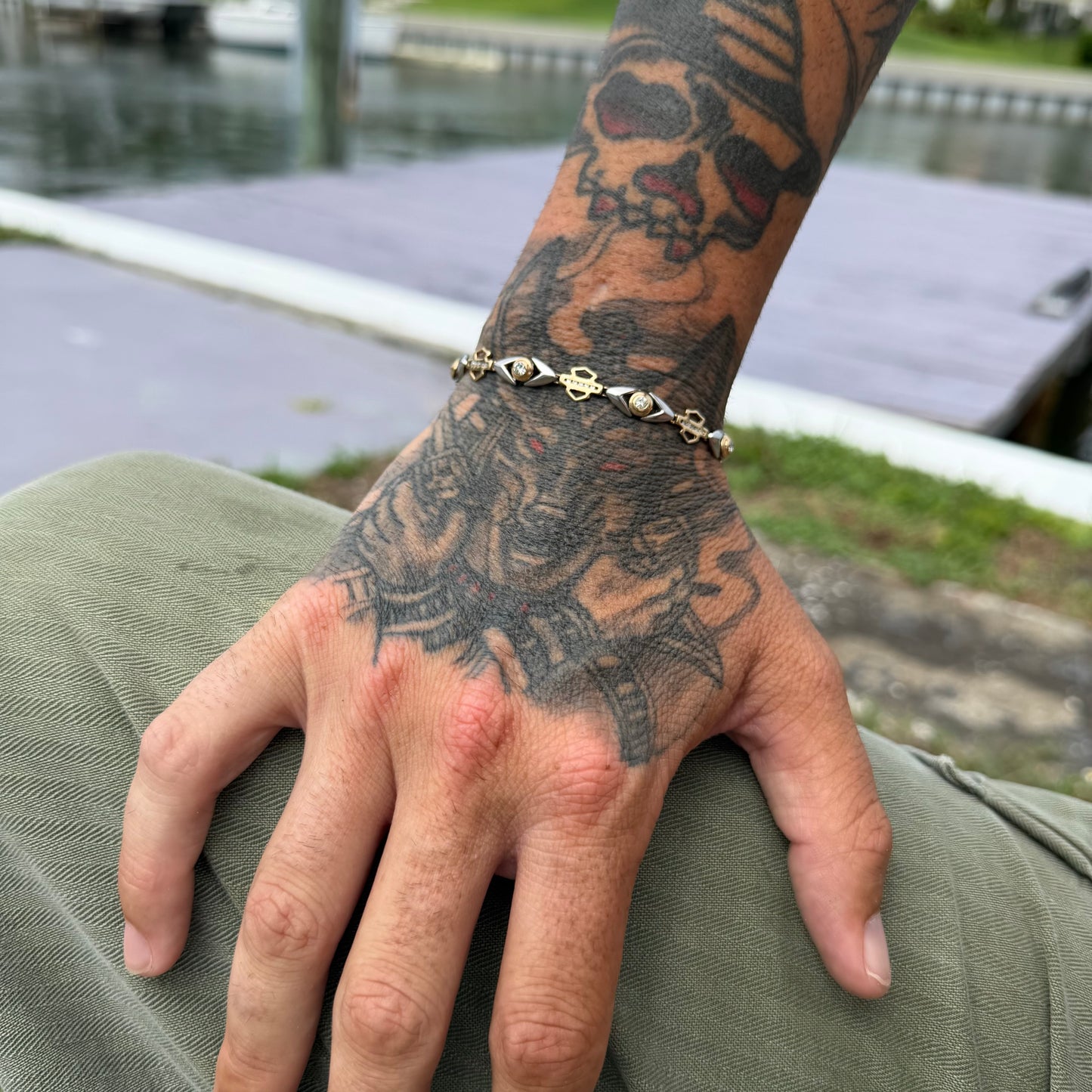 Vintage Solid 14k Yellow Gold .950 Platinum 1.25ctw Natural Diamond Harley-Davidson Bracelet (7”)