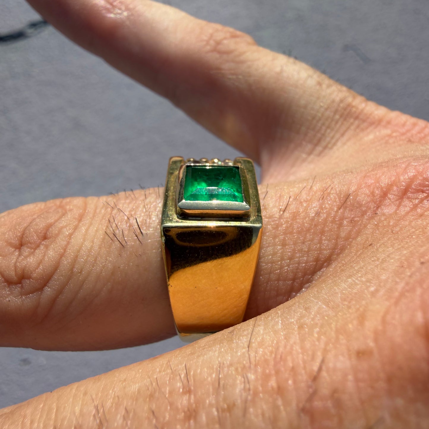 1980’s New Old Stock Solid 18k Yellow Gold 1.95ctw Natural Colombian Emerald and VS Diamond Signet Ring (9)