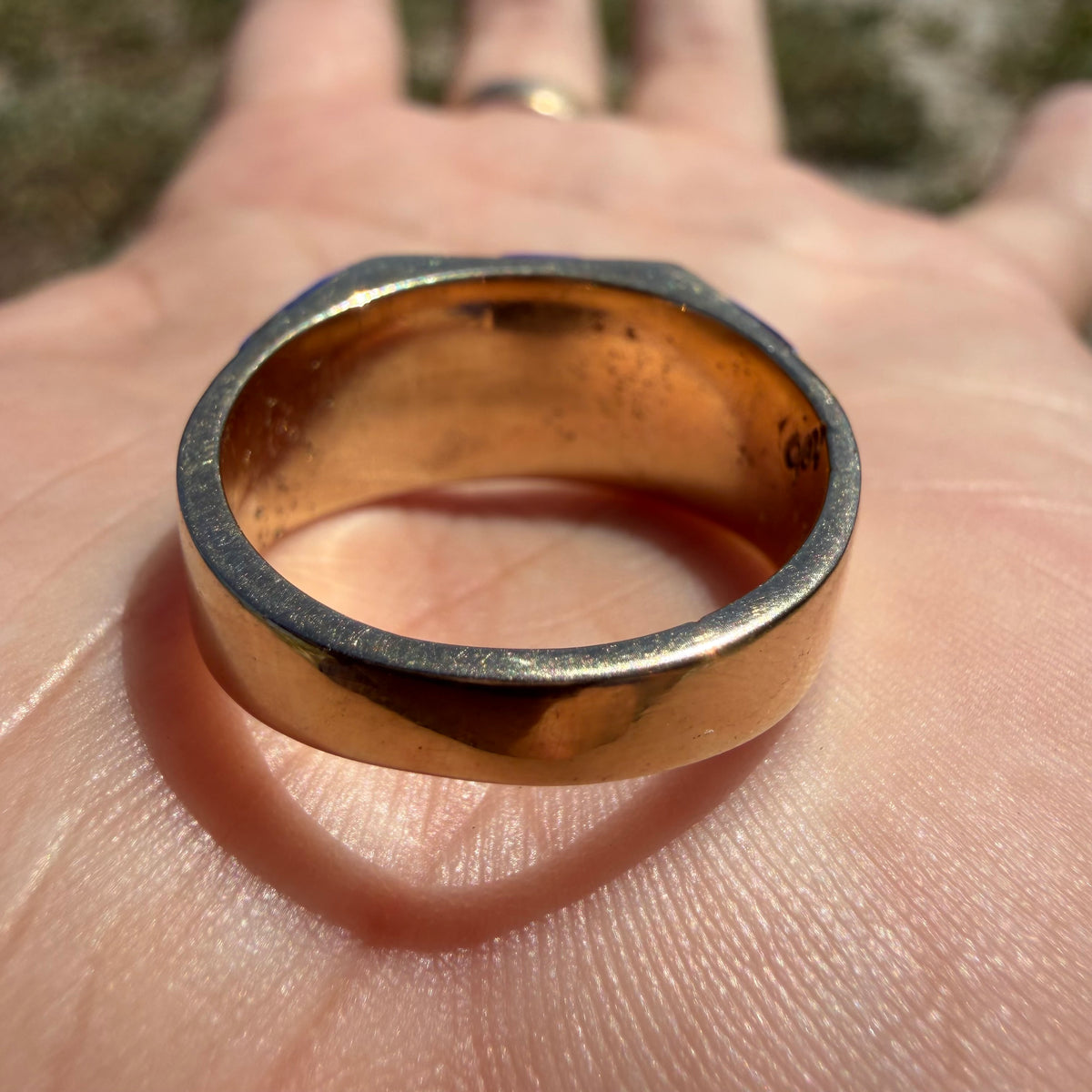 Vintage Solid 14k Yellow Gold Native Southwestern Artist Signed “Gay” Opal And Lapis Inlaid Signet Ring (10.5)