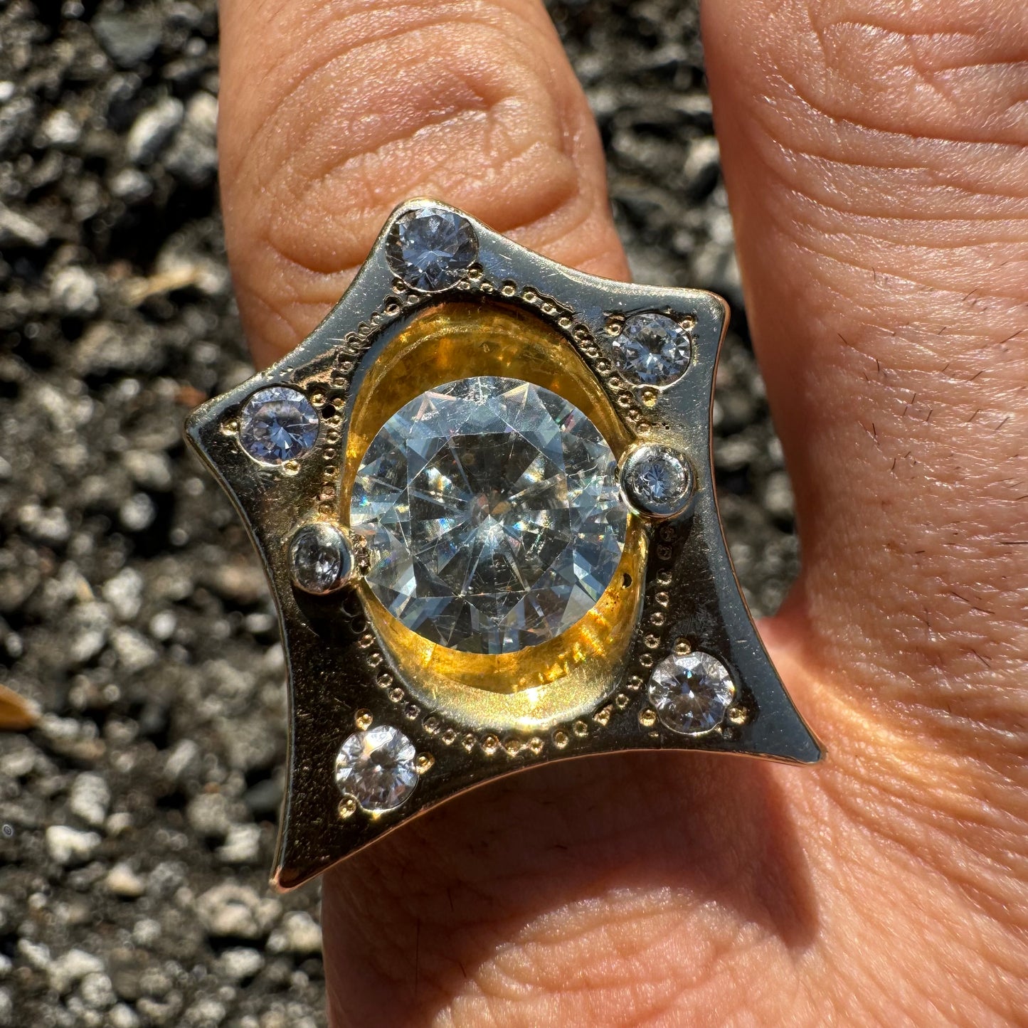 Custom Made Solid 14k Yellow Gold Super Heavyweight 1.25ctw Natural Diamond 6.0ct Moissanite Star Ring (9.5)