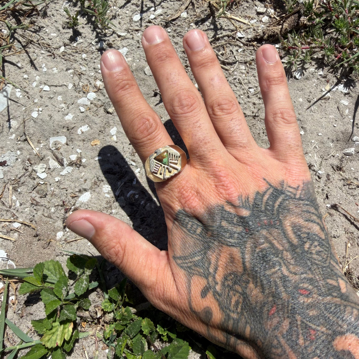 Mid-Century Solid 14k Yellow Gold Heavyweight Turquoise Thunderbird Signet Ring (11.5)