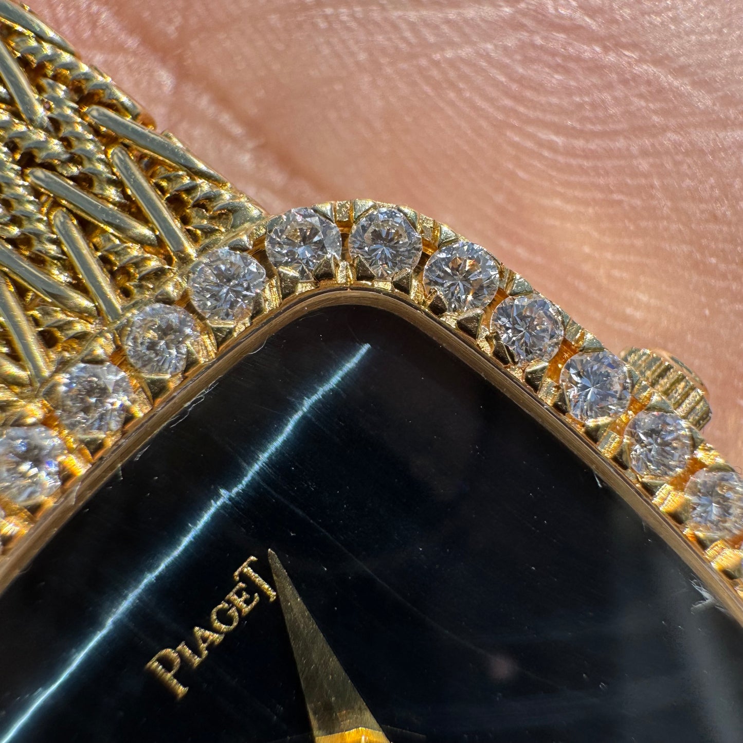 Late 1970’s/Early 1980’s Piaget Solid 18k Yellow Gold Factory Diamond Bezel Falcons Eye Stone Dial 9908 D11 Watch (7.5”)