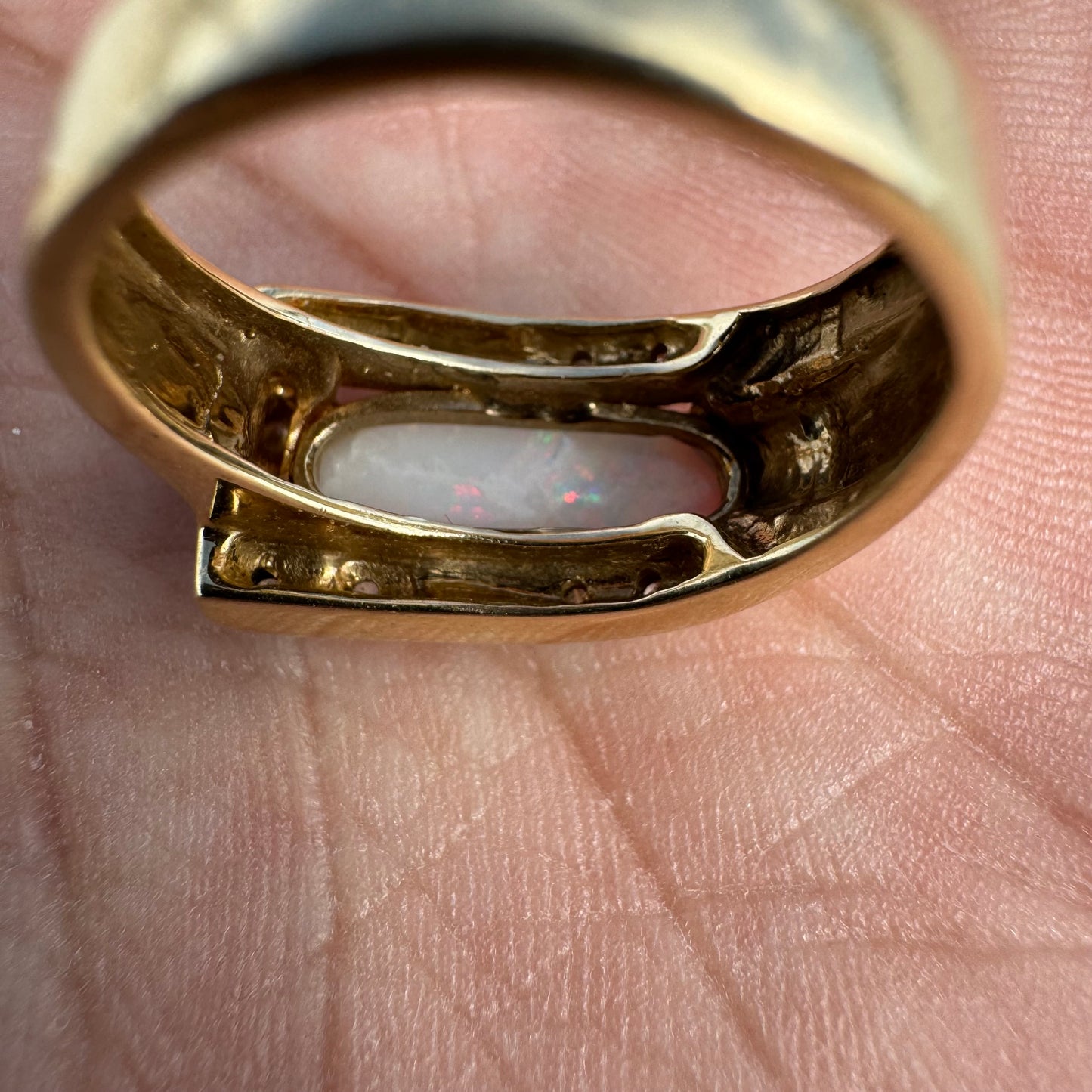 Vintage 14k Yellow Gold Chunky Natural Diamond And Opal Modernist Ring (6.5)