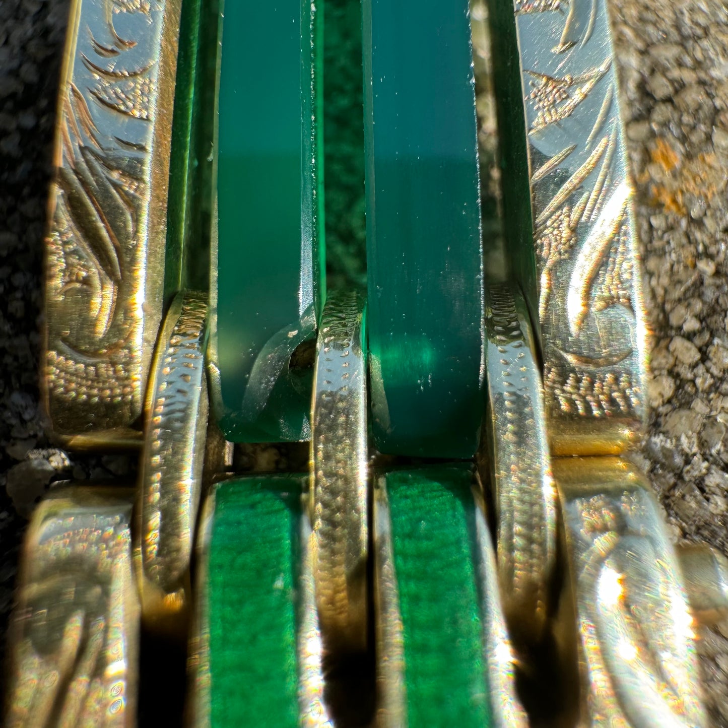 Art Deco Austro-Hungarian 14k Yellow Gold Chrysoprase Glass Enameled Floral Engraved Bracelet (7”)