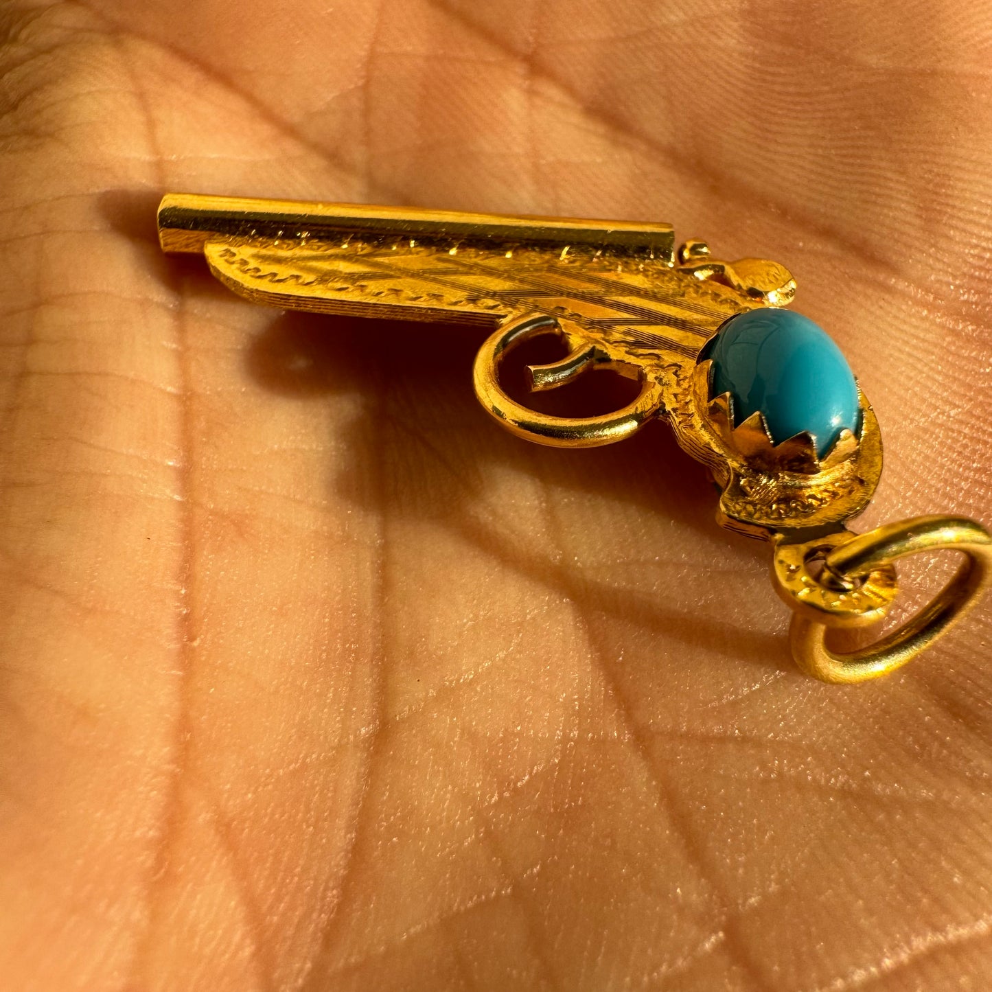 Mid-Century 18K Italian Yellow Gold Persian Turquoise Pistol Pendant