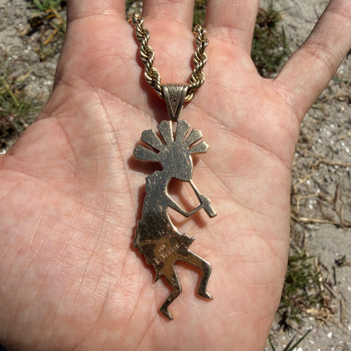 Vintage Native Southwestern Solid 14k Yellow Gold Multi-Stone Inlaid Kokopelli Pendant Signed “R. Nessie”