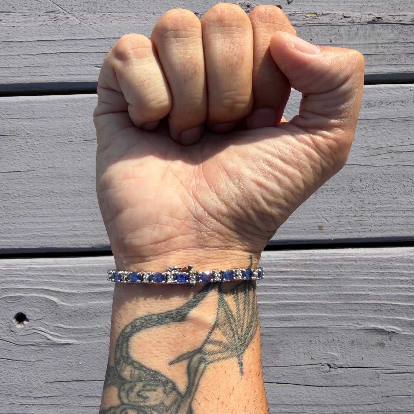 Vintage Solid 14k White Gold 11.0ctw Natural Tanzanite And Diamond Tennis Bracelet (7.15”)