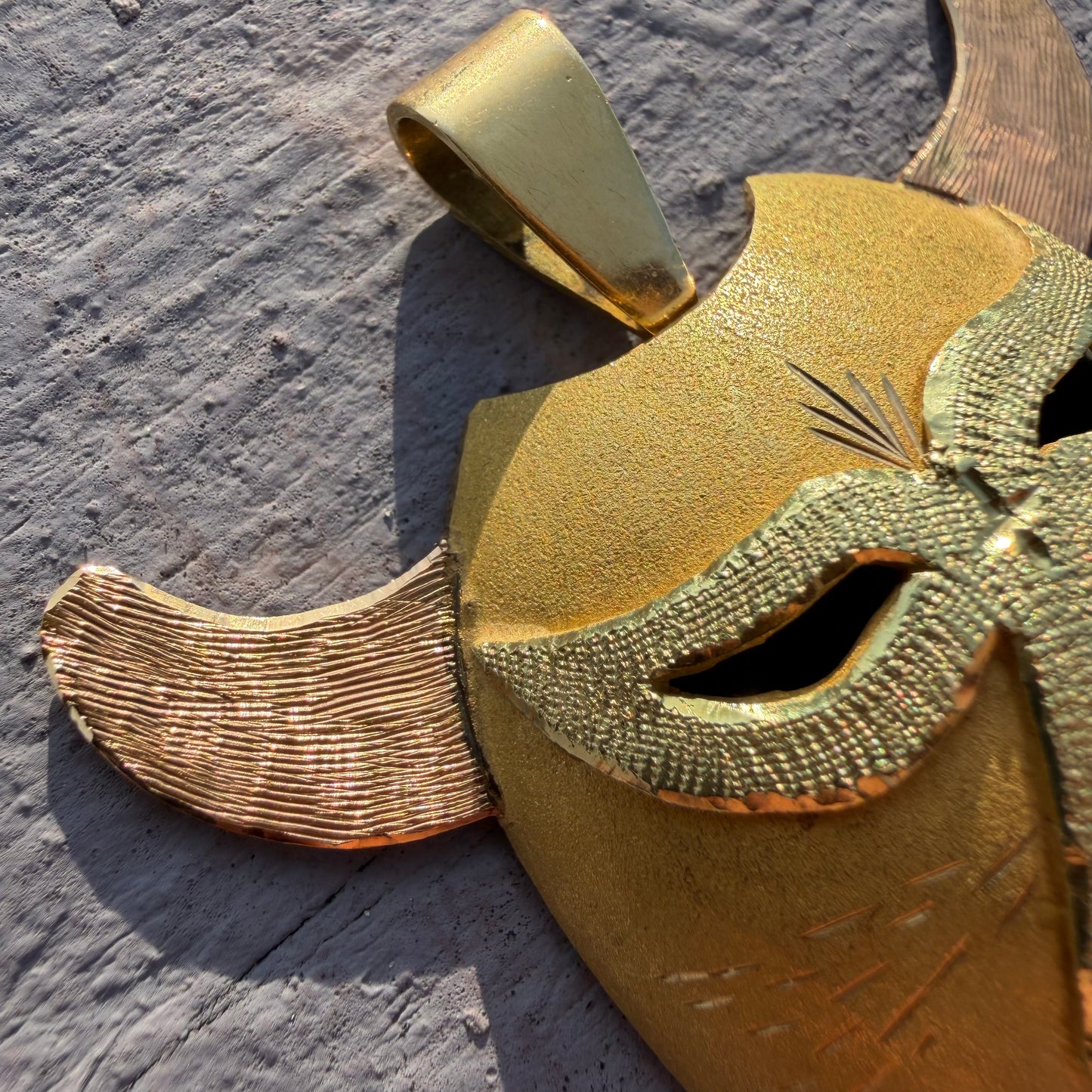 Mid-Century Solid 18k Gold Large Mexican Folkart Diablo Mask Pendant