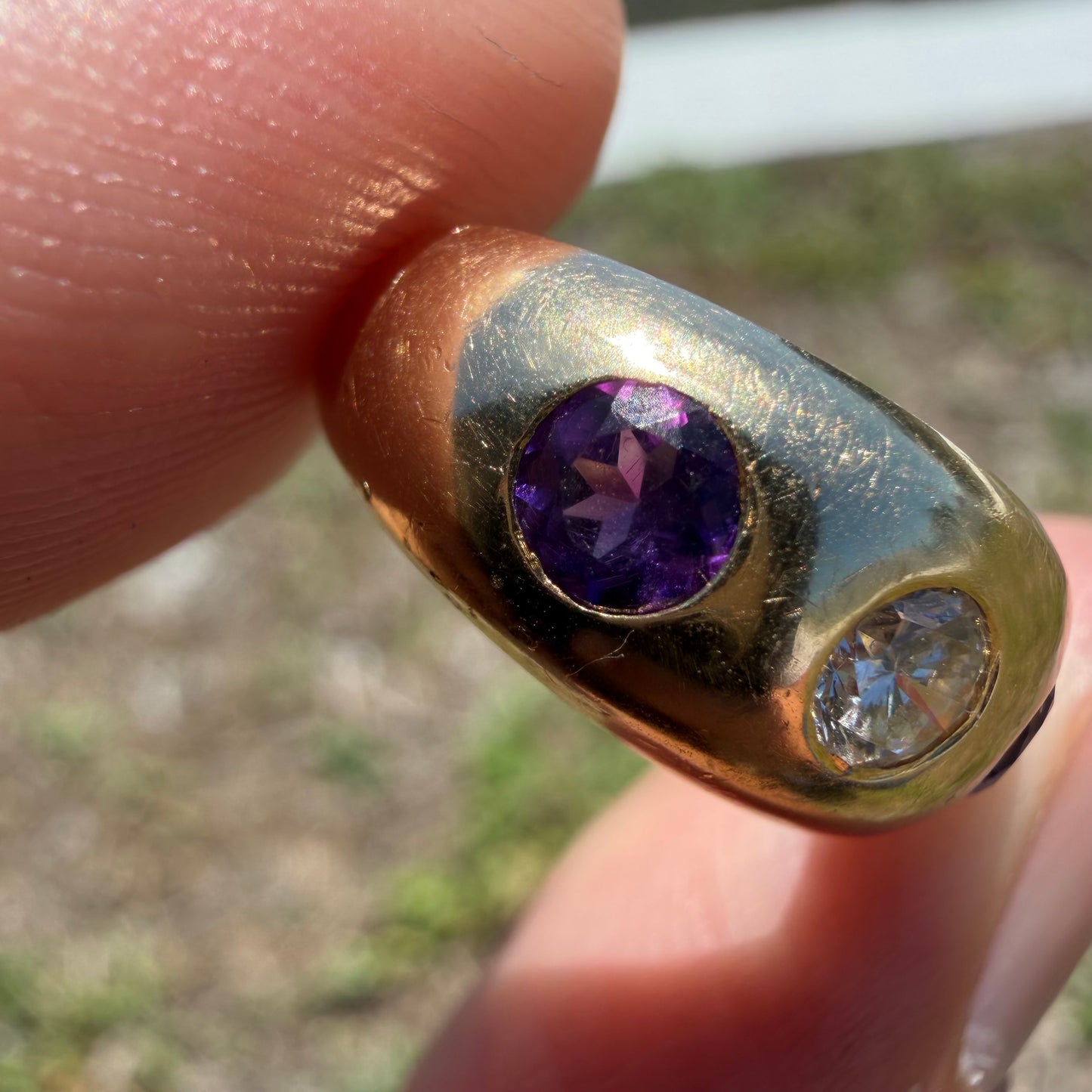 Art Deco Solid 14k Yellow Gold .75ctw Natural Old Euro Cut Diamond & Amethyst Trilogy Gypsy Ring (4.25)