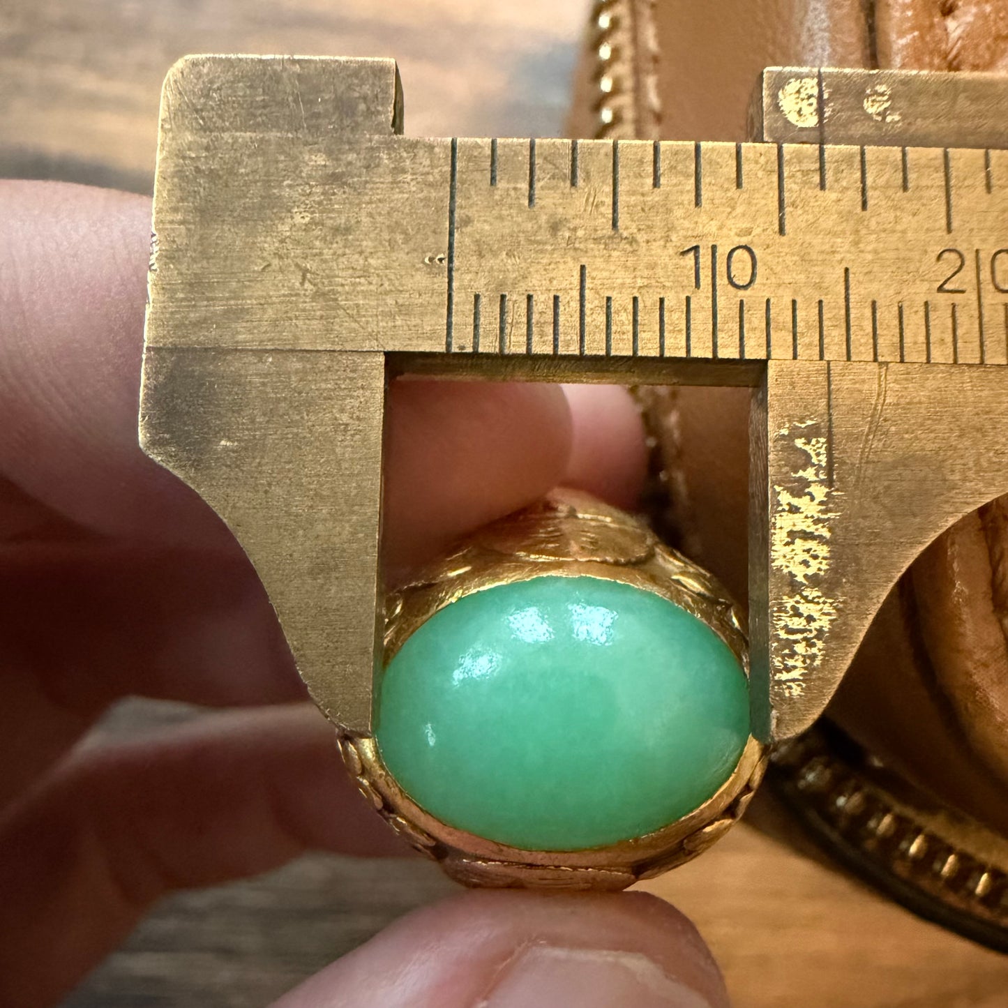 Antique Chinese Traditional 24k Yellow Gold 5.0ct Green Apple Jadeite Fu Ring (10.25)