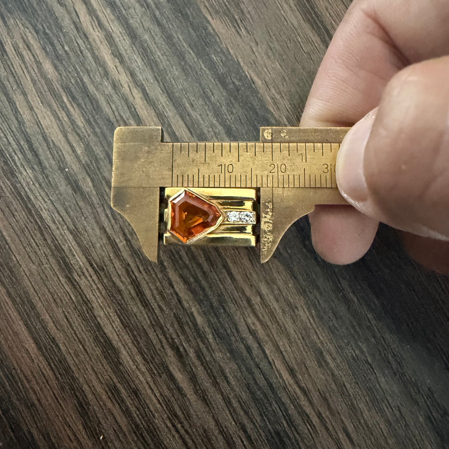 Vintage Solid 18k Yellow Gold Shield Cut Orange Sapphire And Diamond Signet Ring (8.25)