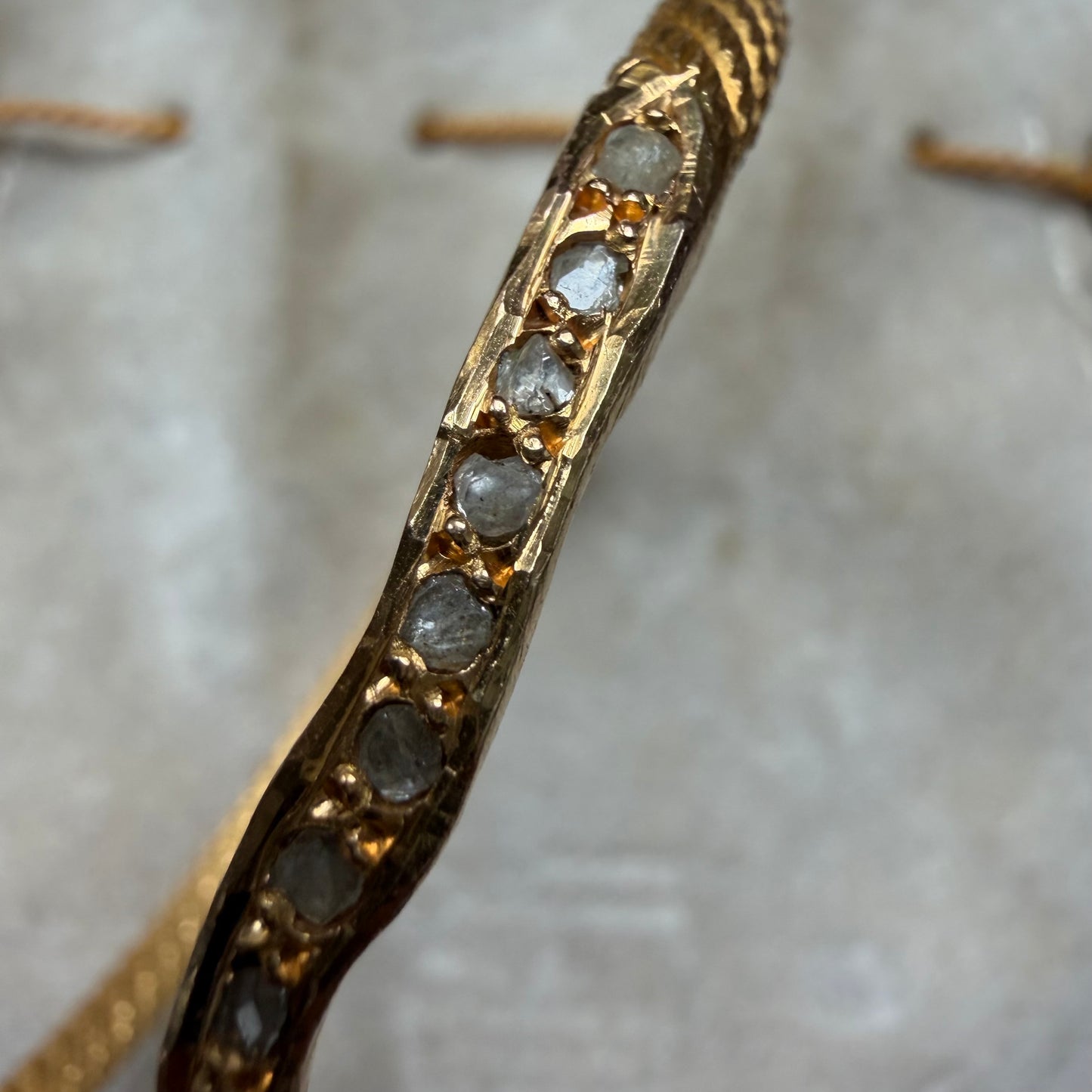 Antique Egyptian Solid 22.5k Yellow Gold Natural Rose Cut Diamond And Ruby Snake Bangle Bracelet (6.5”-8”)