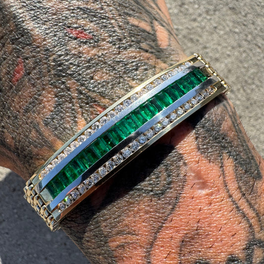 Vintage Heavyweight Solid 14k Yellow Gold 4ctw Natural Emerald And Diamond Panther Link ID Bracelet (7.75”)