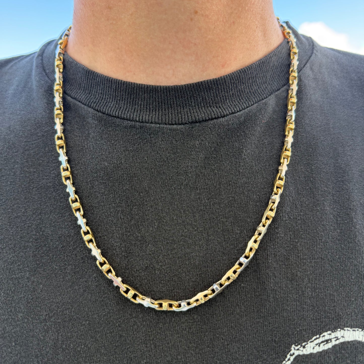 1980’s Solid 14k Two-Tone Yellow & White Gold Fancy Chaine D’ Ancre Mariner Link Necklace (22.5”)