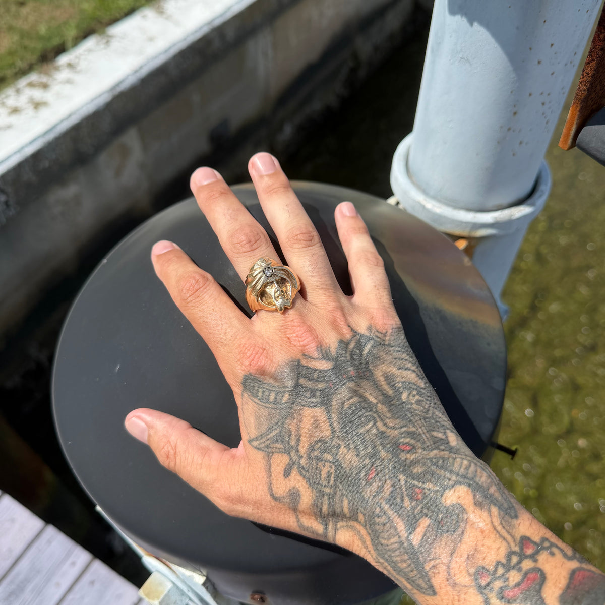 Mid-Century Solid 14k Yellow Gold Natural Diamond Heavyweight Soothsayer Ring (13)