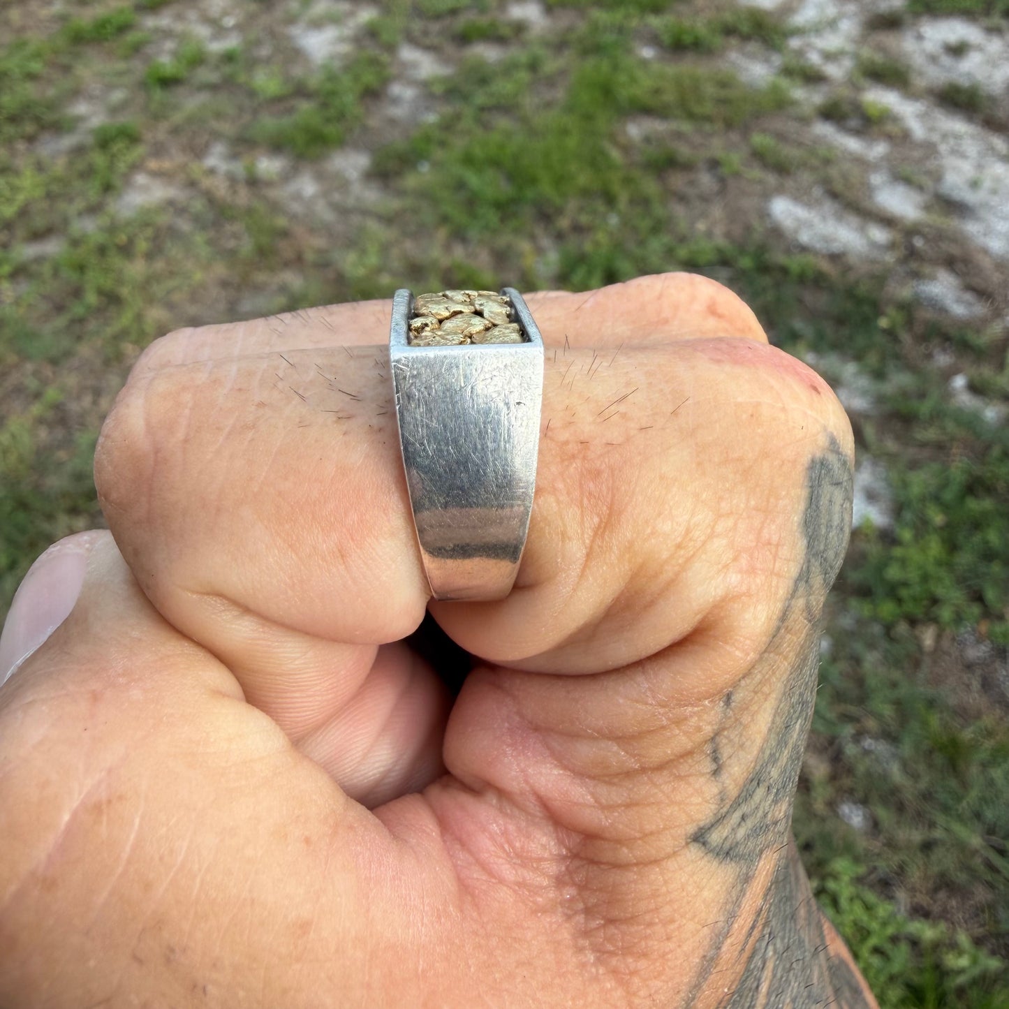 Vintage Solid Sterling Silver 23k Raw Natural Gold Placer Nugget Signet Ring (11)