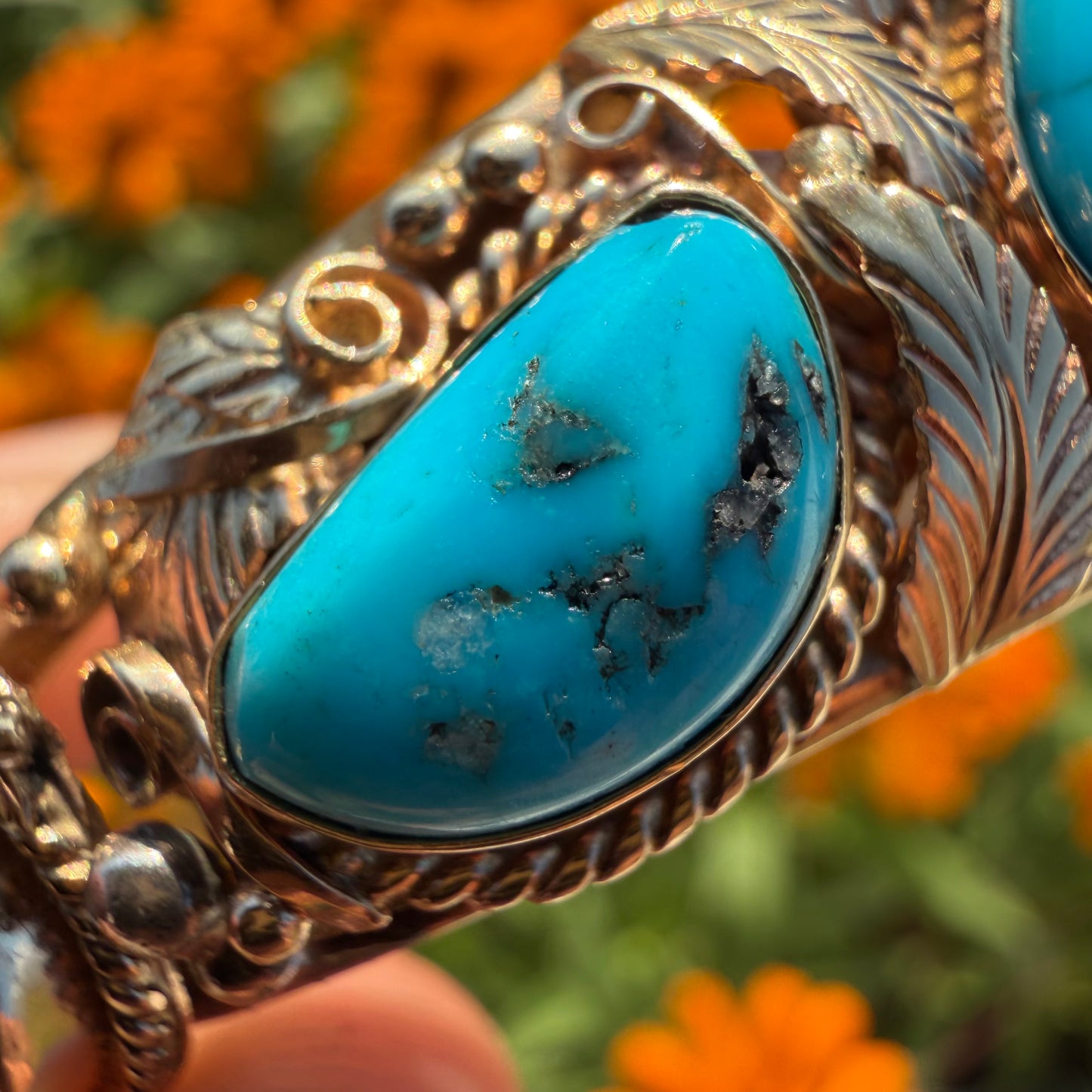 Vintage Solid 14k Yellow Gold Navajo Artist Signed Justin Morris Kingman Turquoise Cuff (6”-7”)