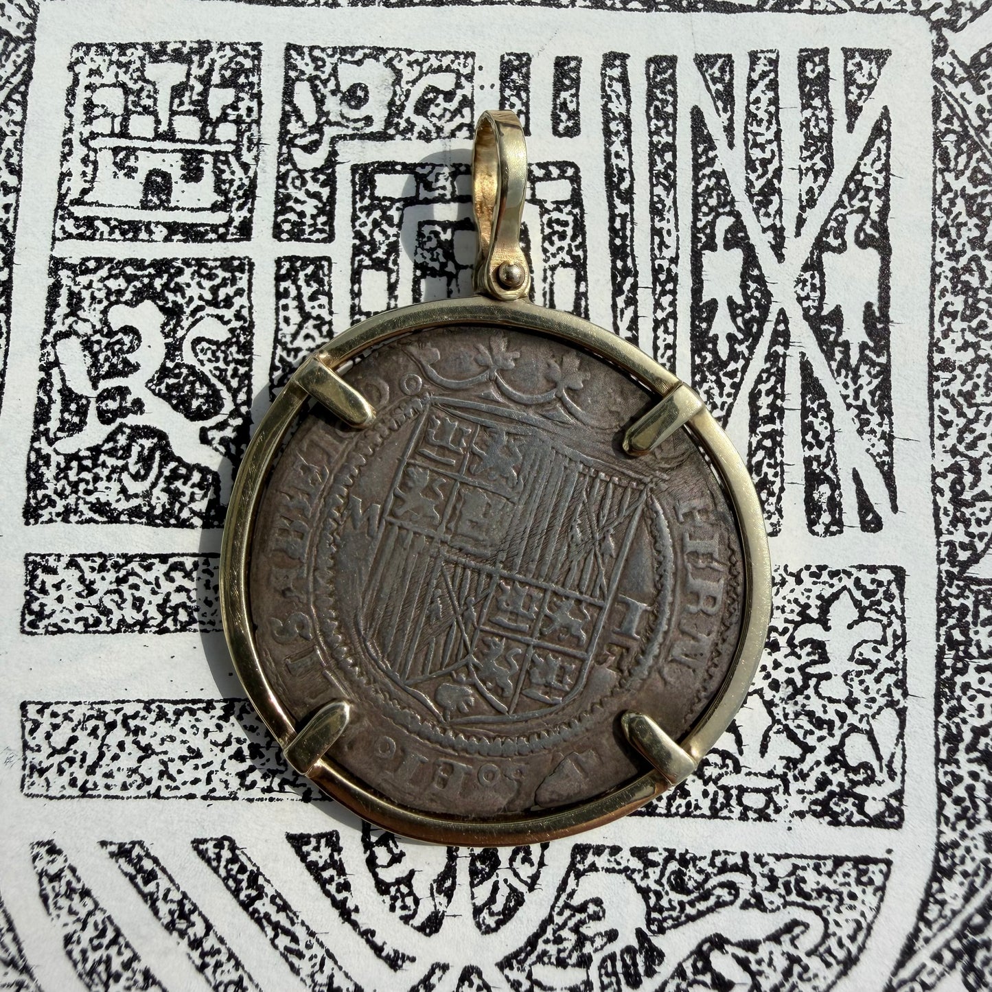 RARE 1474-1504 Silver Catholic Kings Seville 2 Reale Coin 14k Yellow Gold Pendant Retrograde R Counterstrike