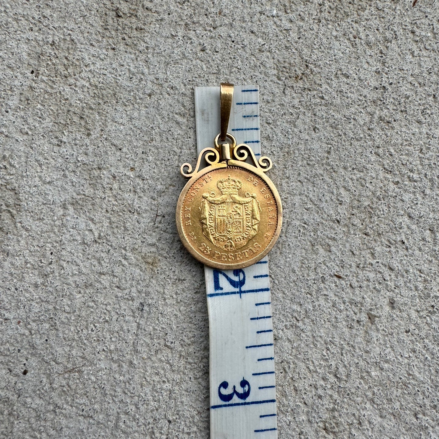 1877 $25 Pesetas Spanish Gold Coin (22k) In Original 18k Handmade Bezel Pendant