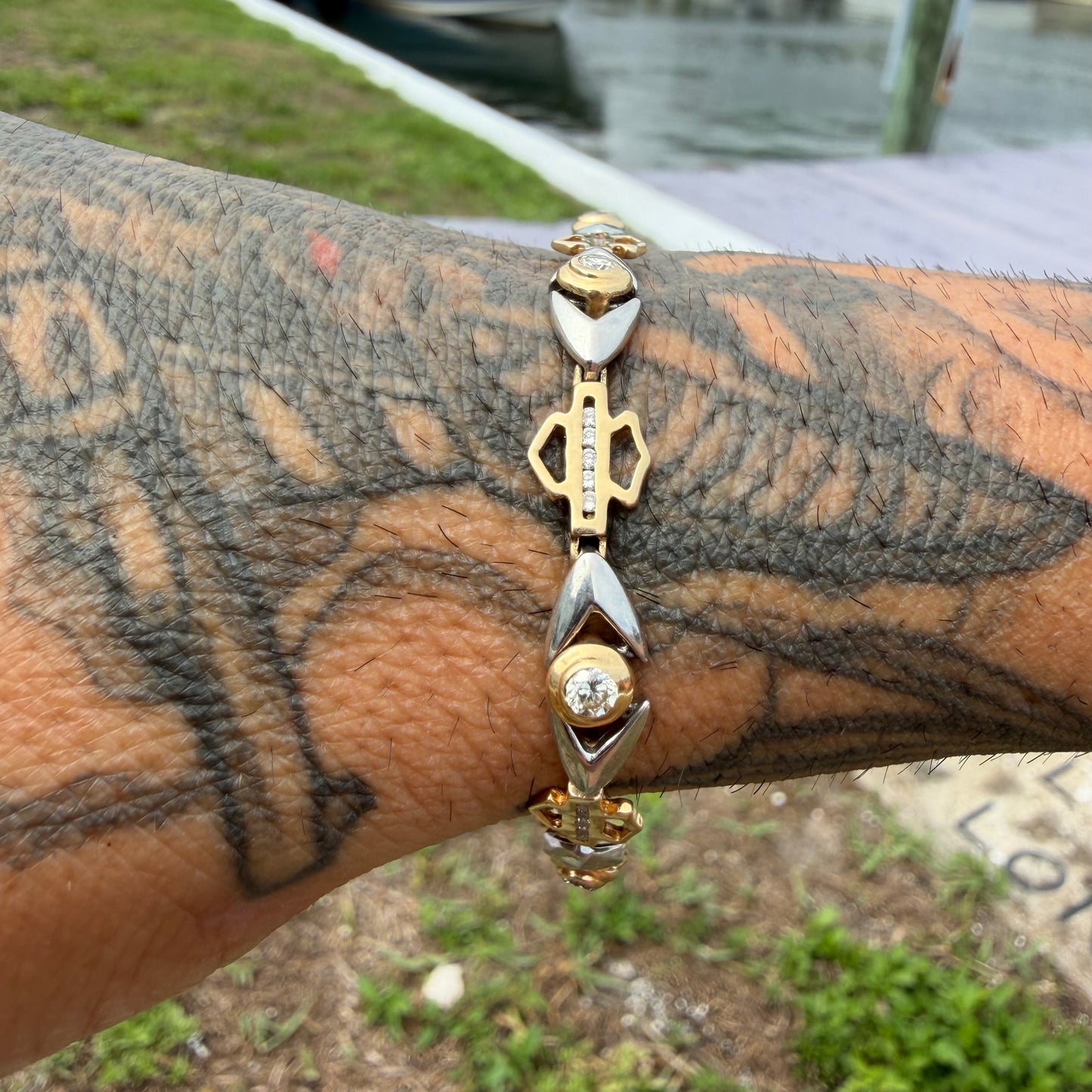 Vintage Solid 14k Yellow Gold .950 Platinum 1.25ctw Natural Diamond Harley-Davidson Bracelet (7”)