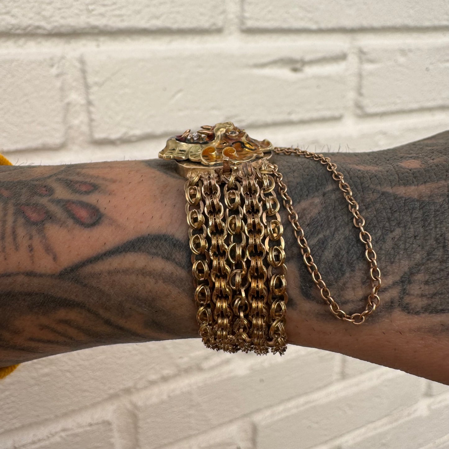 Art Nouveau Solid 14k Yellow Gold Natural Old Mine Cut Diamond Enameled Tiger Bracelet (6.25”)