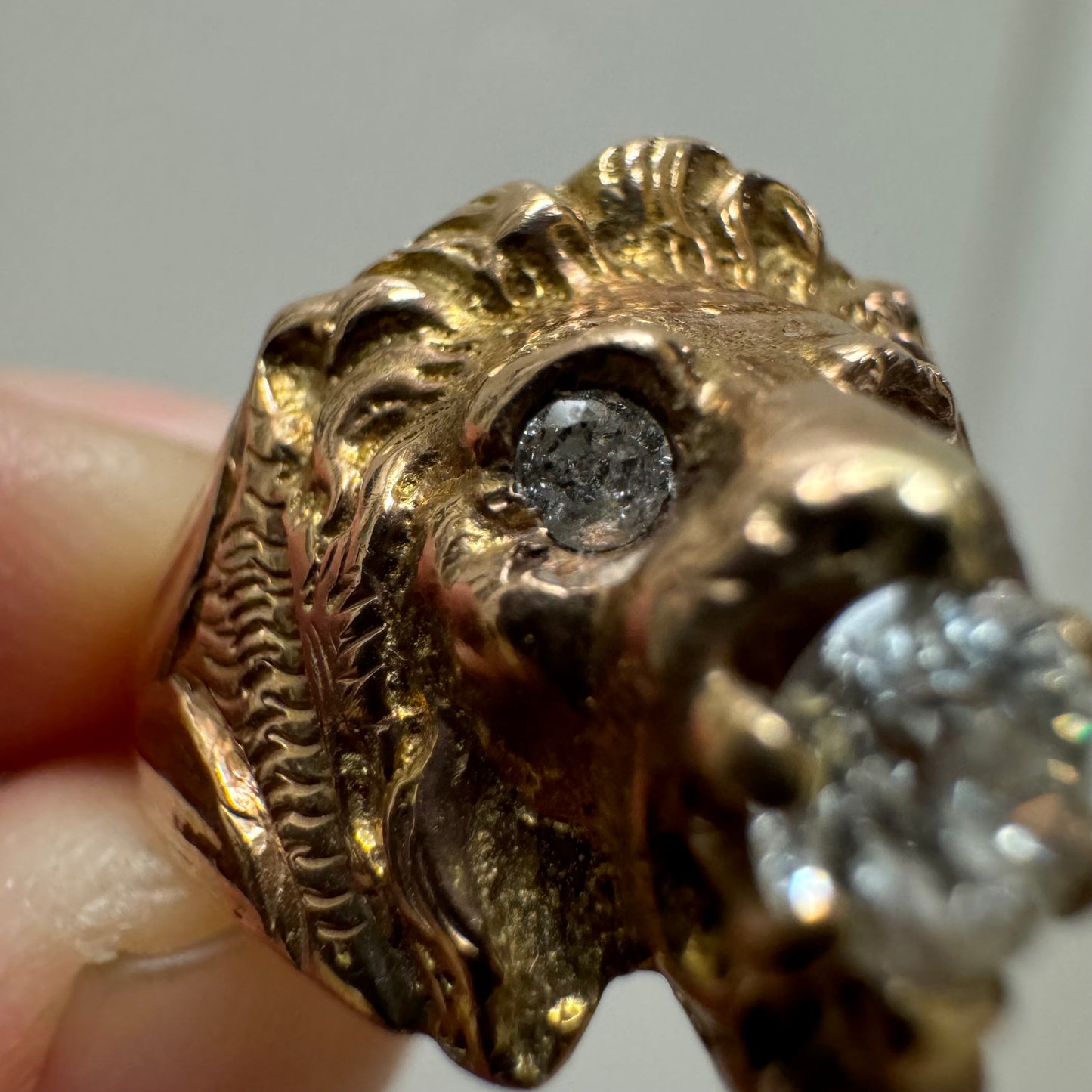 Victorian Era Solid 14k Yellow Gold .50Ct Natural Old Euro Cut Diamond Lion Ring (7.5)