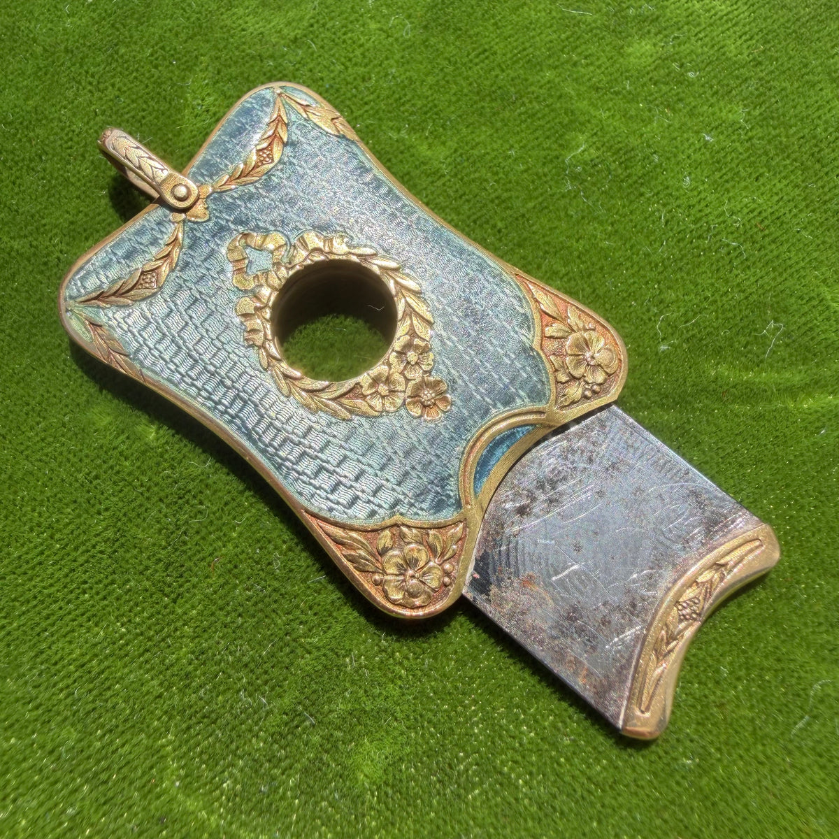 Victorian French 18k Yellow Gold Guilloche Enameled Watch Chain Cigar Cutter Fob Necklace Set (14”)