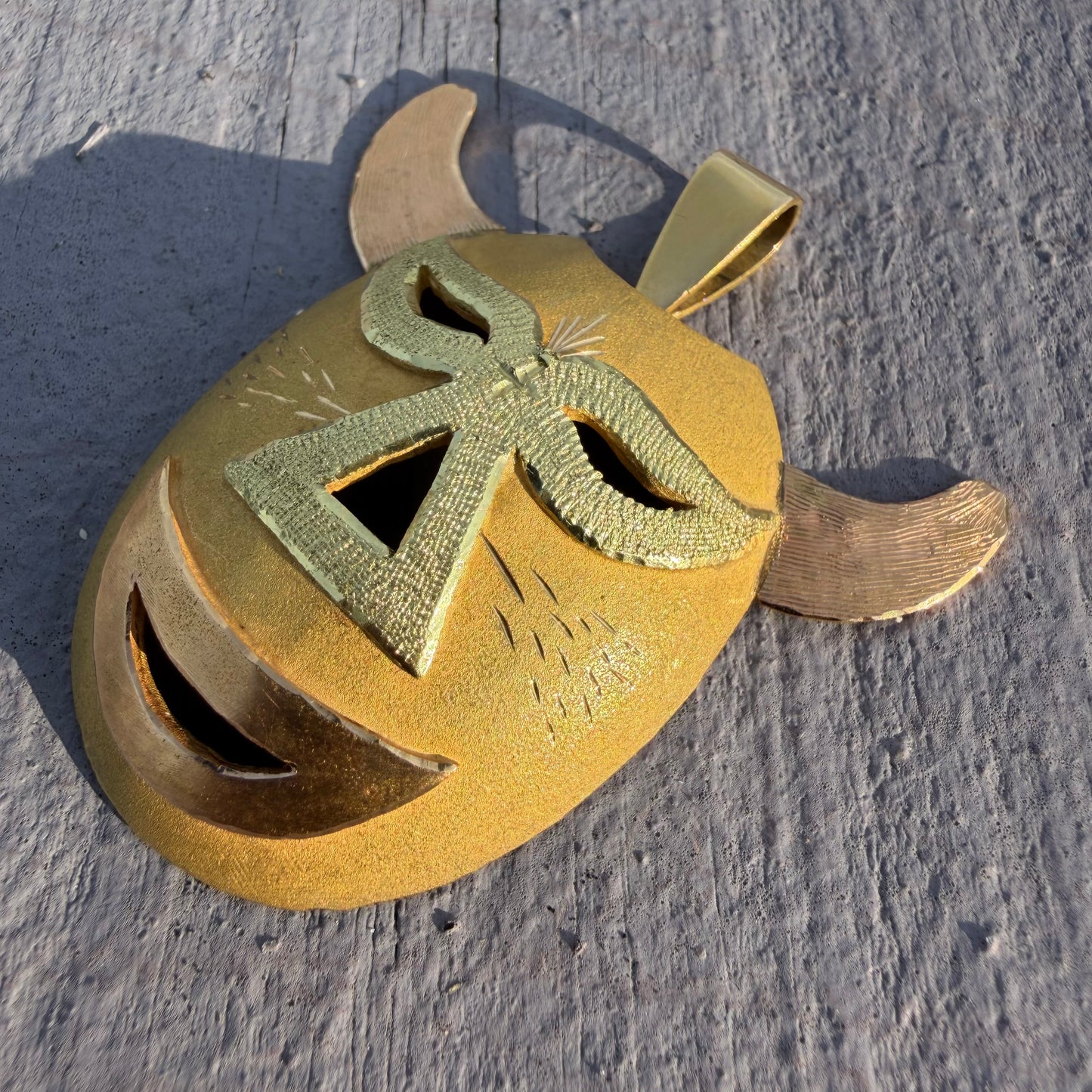 Mid-Century Solid 18k Gold Large Mexican Folkart Diablo Mask Pendant