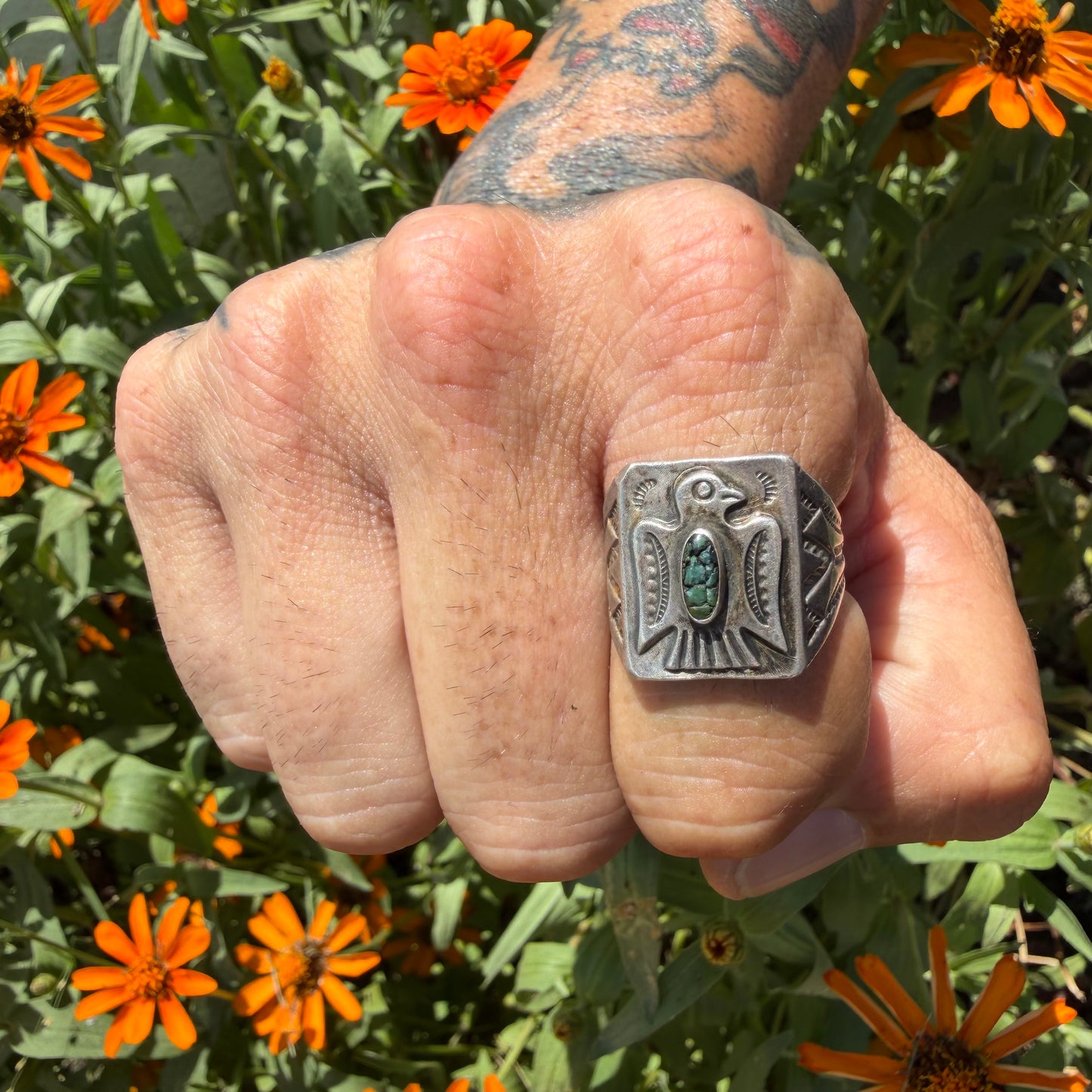 1930’s/40’s Sterling Silver Turquoise Thunderbird Signet Ring (8.75)