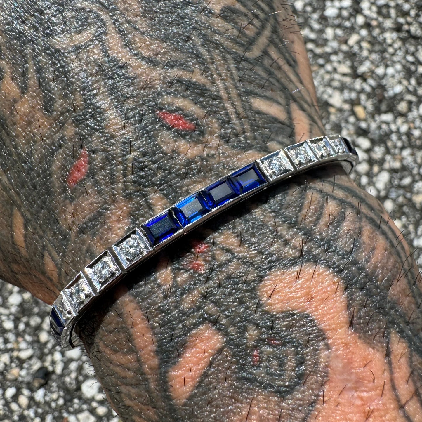 Art Deco 14k White Gold 5.0ctw French Cut Sapphire 1.5ctw Natural VS Diamond Tennis Bracelet (7.5”)
