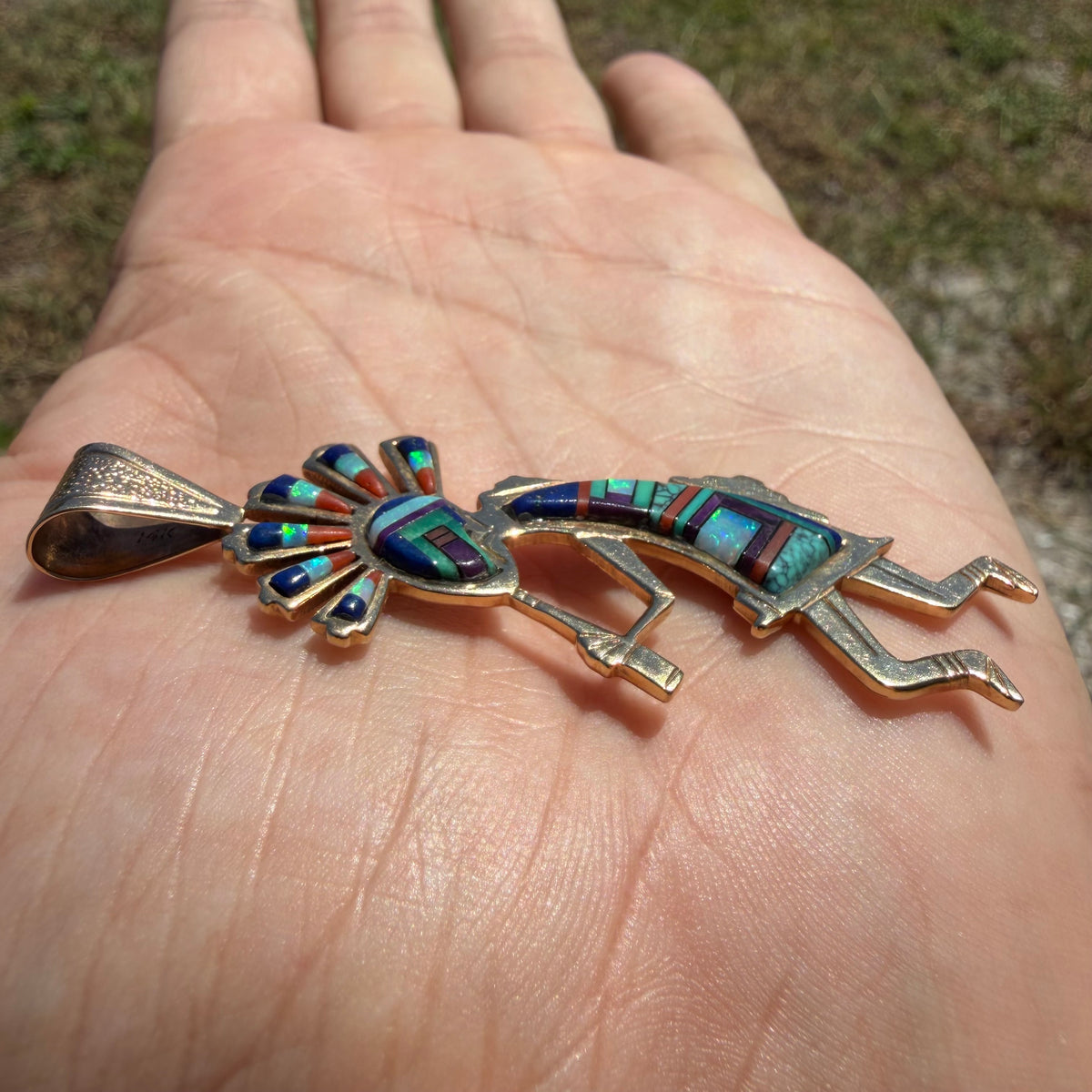 Vintage Native Southwestern Solid 14k Yellow Gold Multi-Stone Inlaid Kokopelli Pendant Signed “R. Nessie”