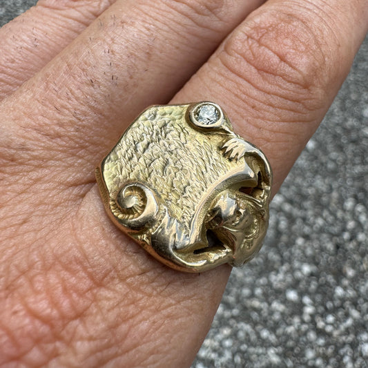 Art Nouveau Solid 14k Yellow Gold Mermaid Scroll Signet Ring (11)