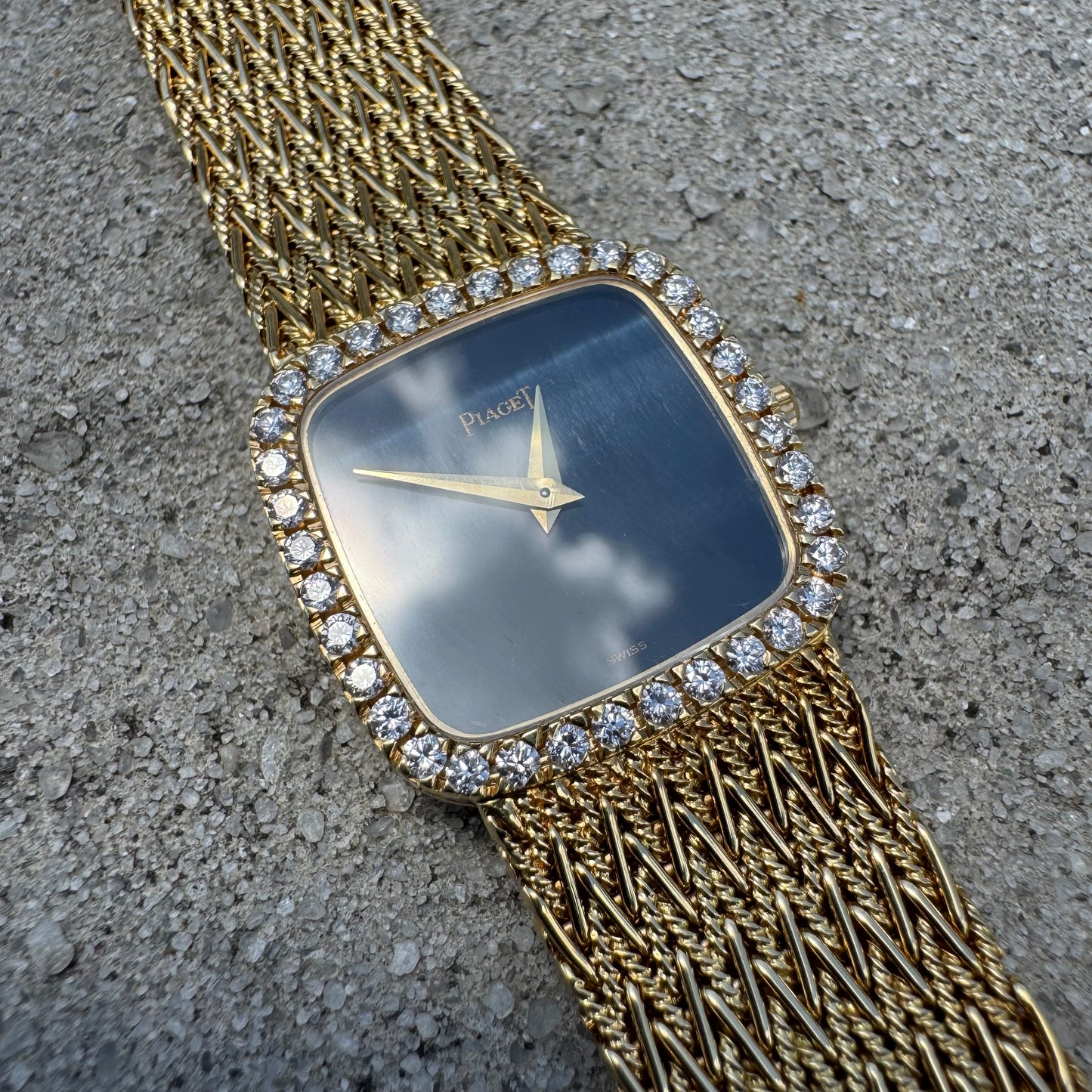 Late 1970’s/Early 1980’s Piaget Solid 18k Yellow Gold Factory Diamond Bezel Falcons Eye Stone Dial 9908 D11 Watch (7.5”)